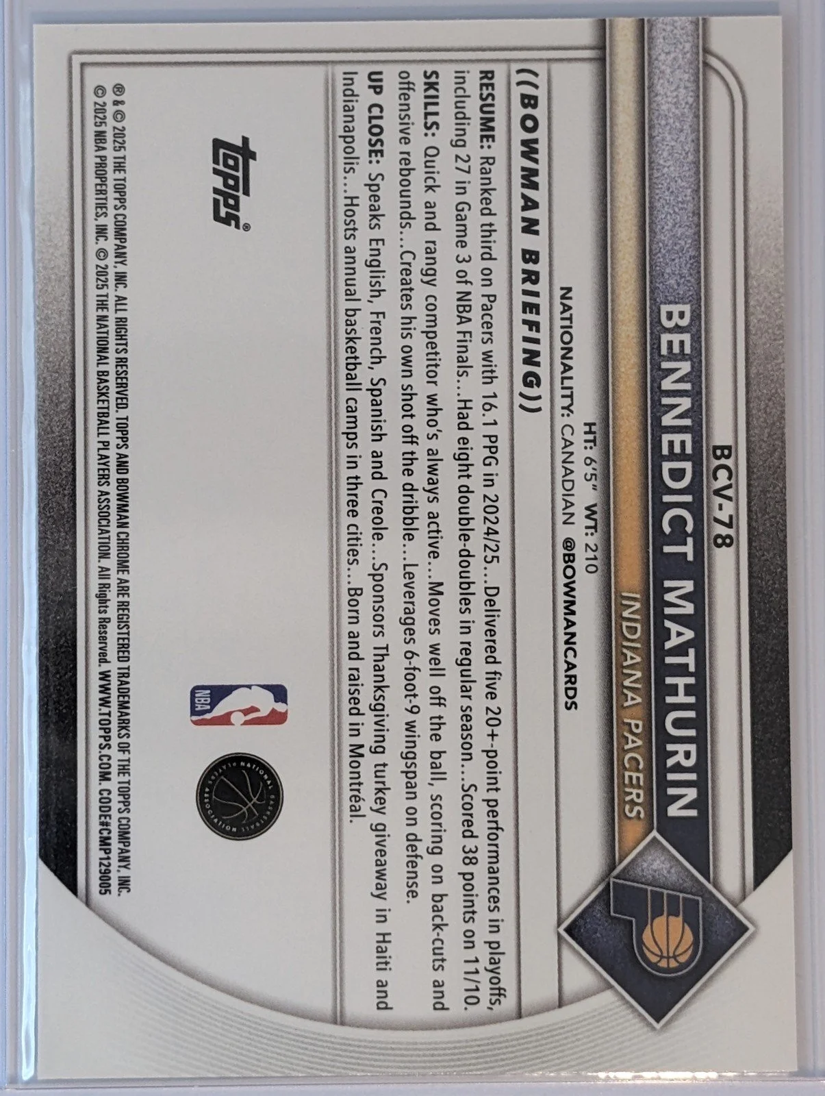 Back of 2025-26 Bowman #BCV-78 Bennedict Mathurin Chrome Mojo Refractors