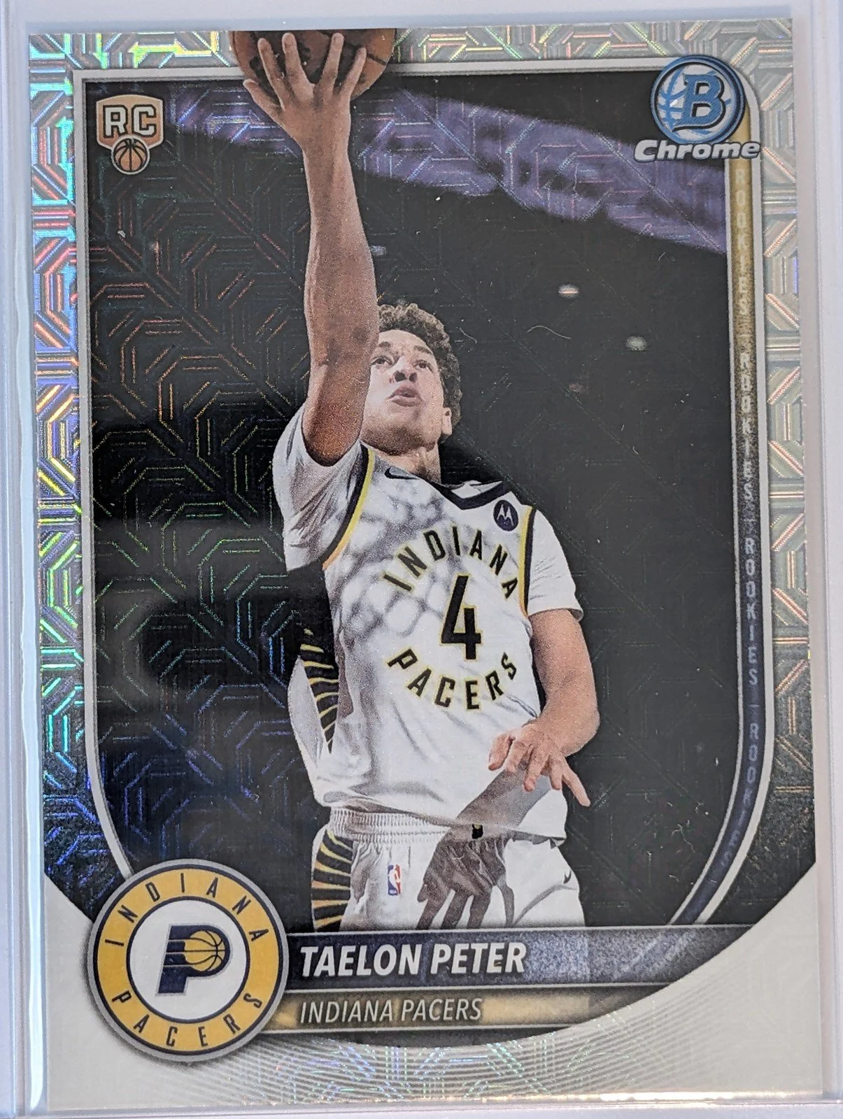 Front of 2025-26 Bowman #BCV-50 Taelon Peter Chrome Mojo Refractors