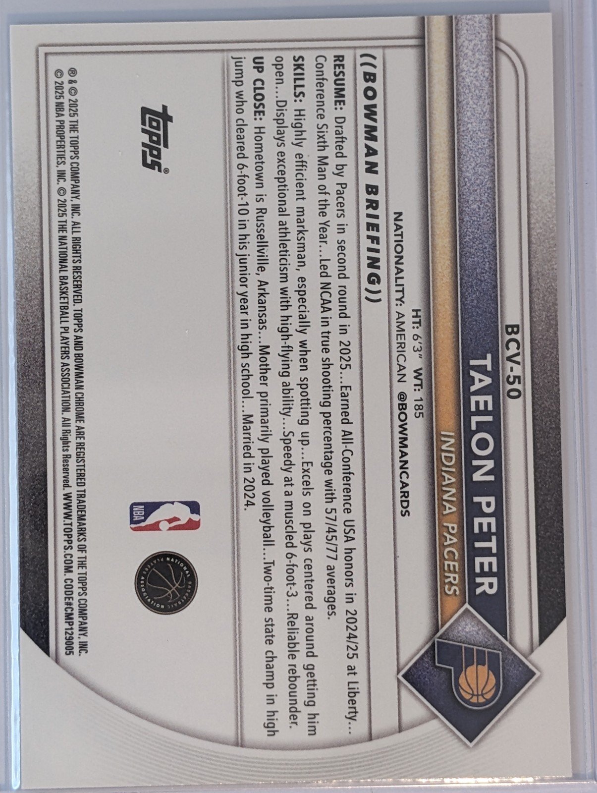 Back of 2025-26 Bowman #BCV-50 Taelon Peter Chrome Mojo Refractors