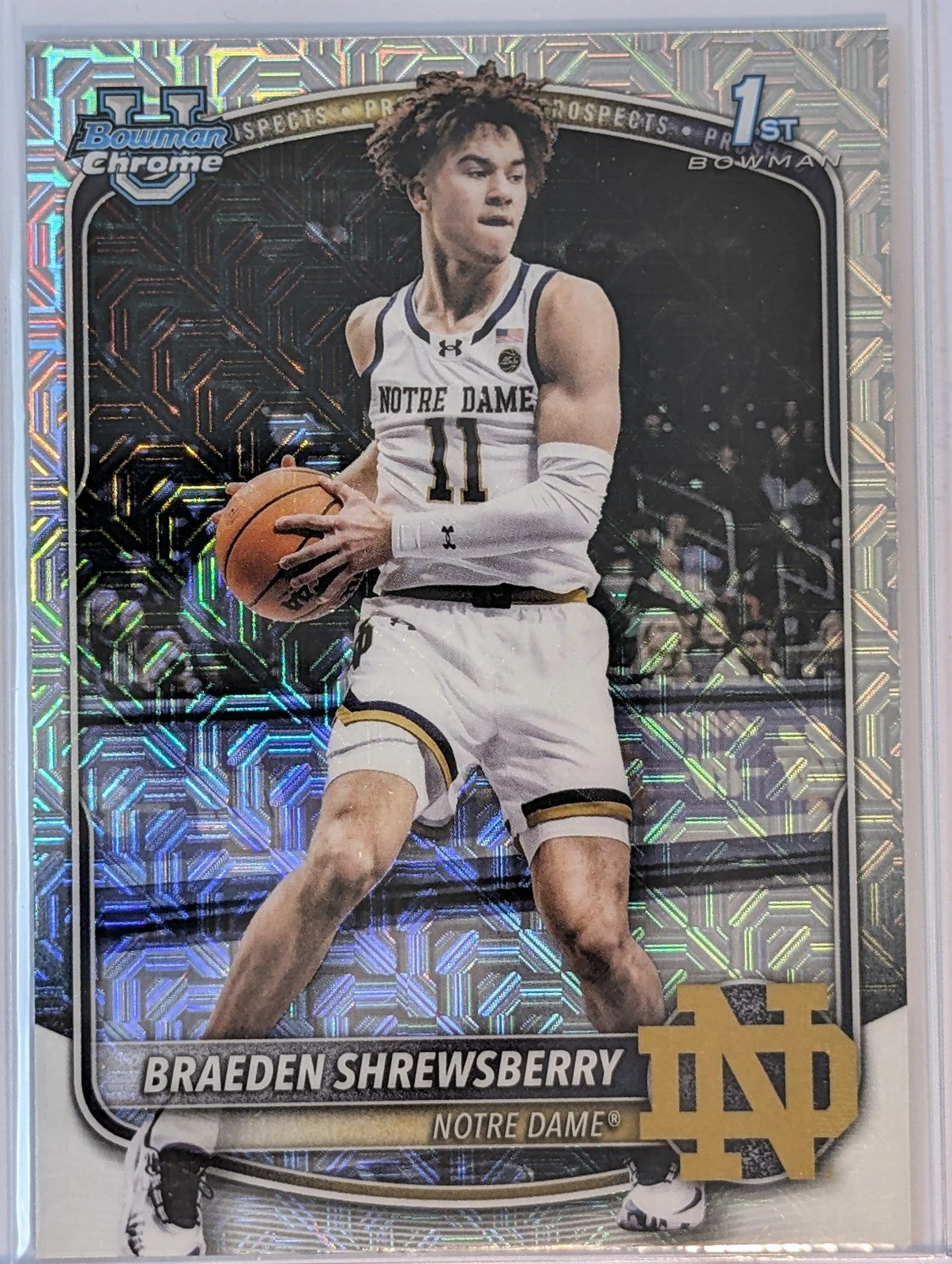 Front of 2025-26 Bowman #BCP-29 Braeden Shrewsberry Chrome Prospects Mojo Refractor
