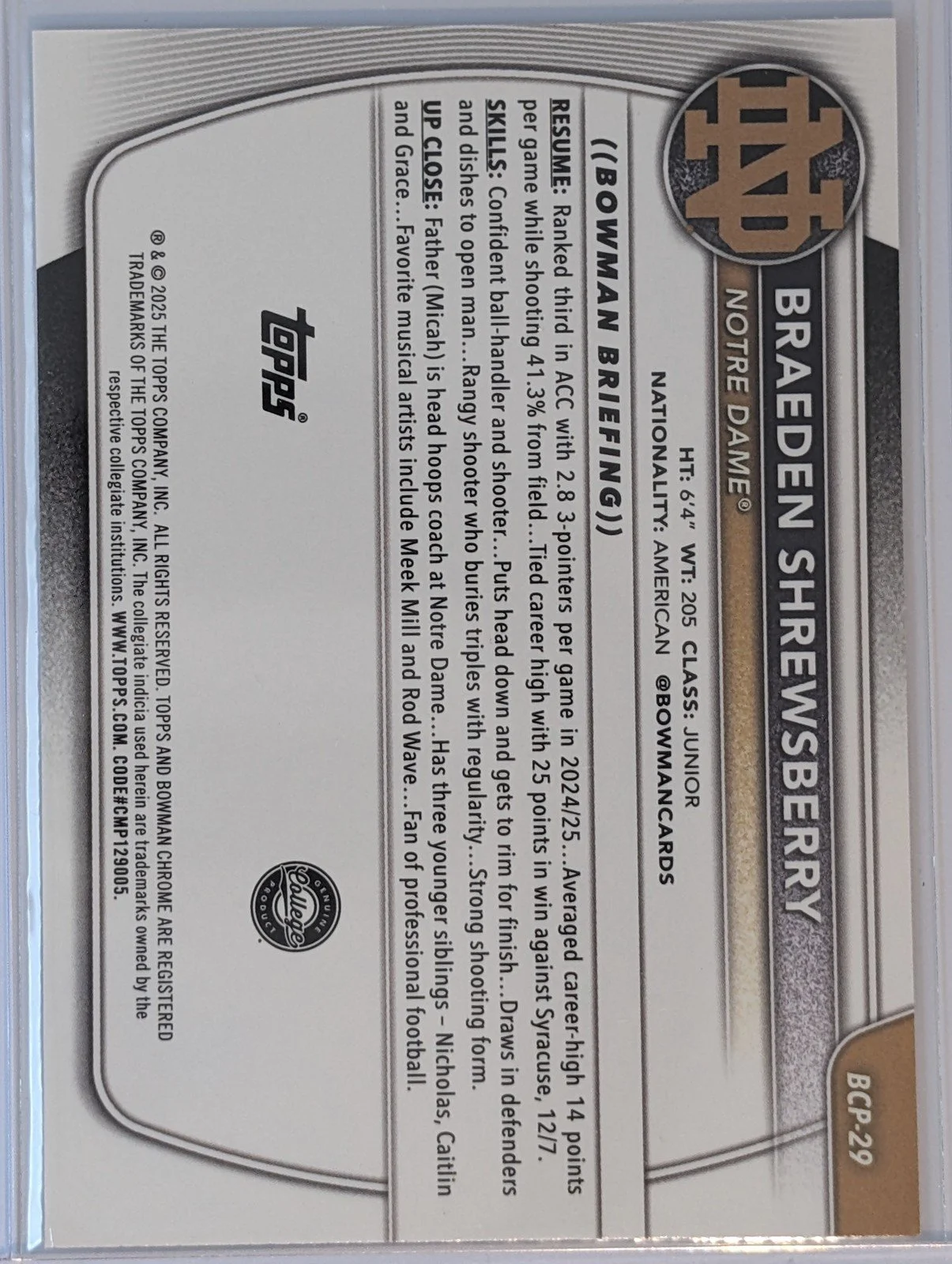 Back of 2025-26 Bowman #BCP-29 Braeden Shrewsberry Chrome Prospects Mojo Refractor