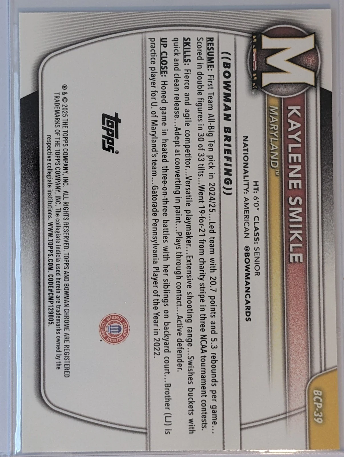 Back of 2025-26 Bowman #BCP-39 Kaylene Smikle Chrome Prospects Mojo Refractor