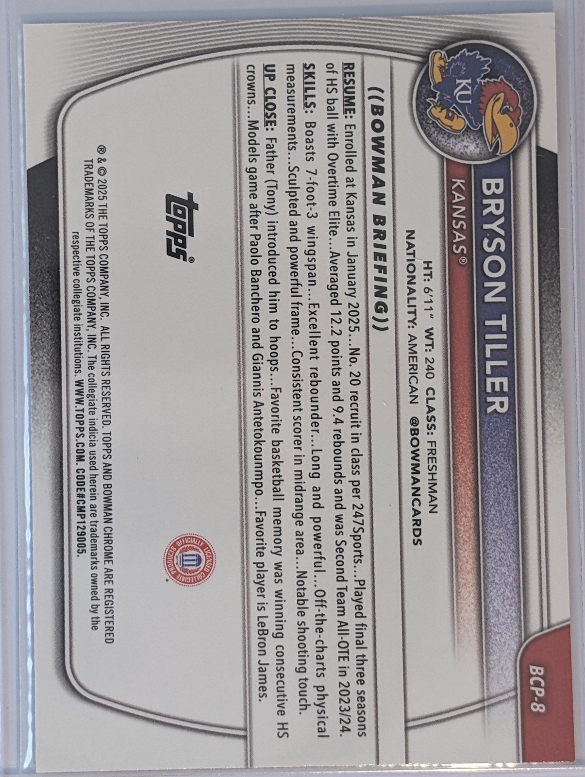 Back of 2025-26 Bowman #BCP-8 Bryson Tiller Chrome Prospects Mojo Refractor
