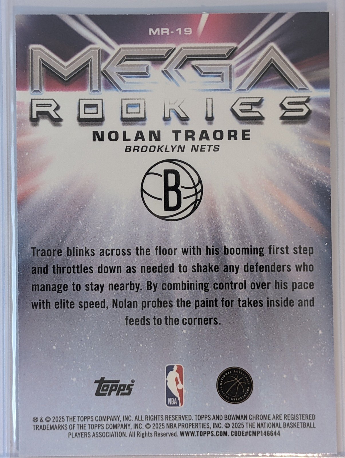 Back of 2025-26 Bowman #MR-19 Nolan Traore Mega Rookies Mojo