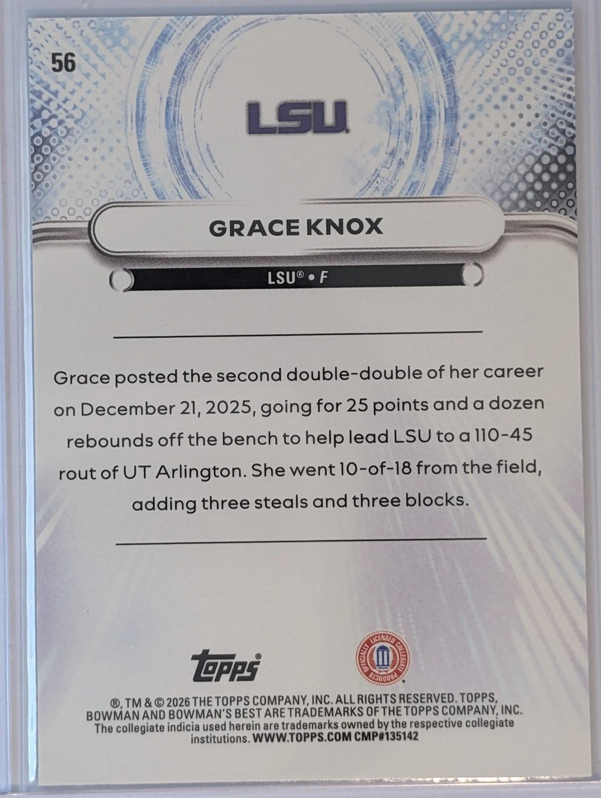 Back of 2025-26 Bowman Best #56 Grace Knox