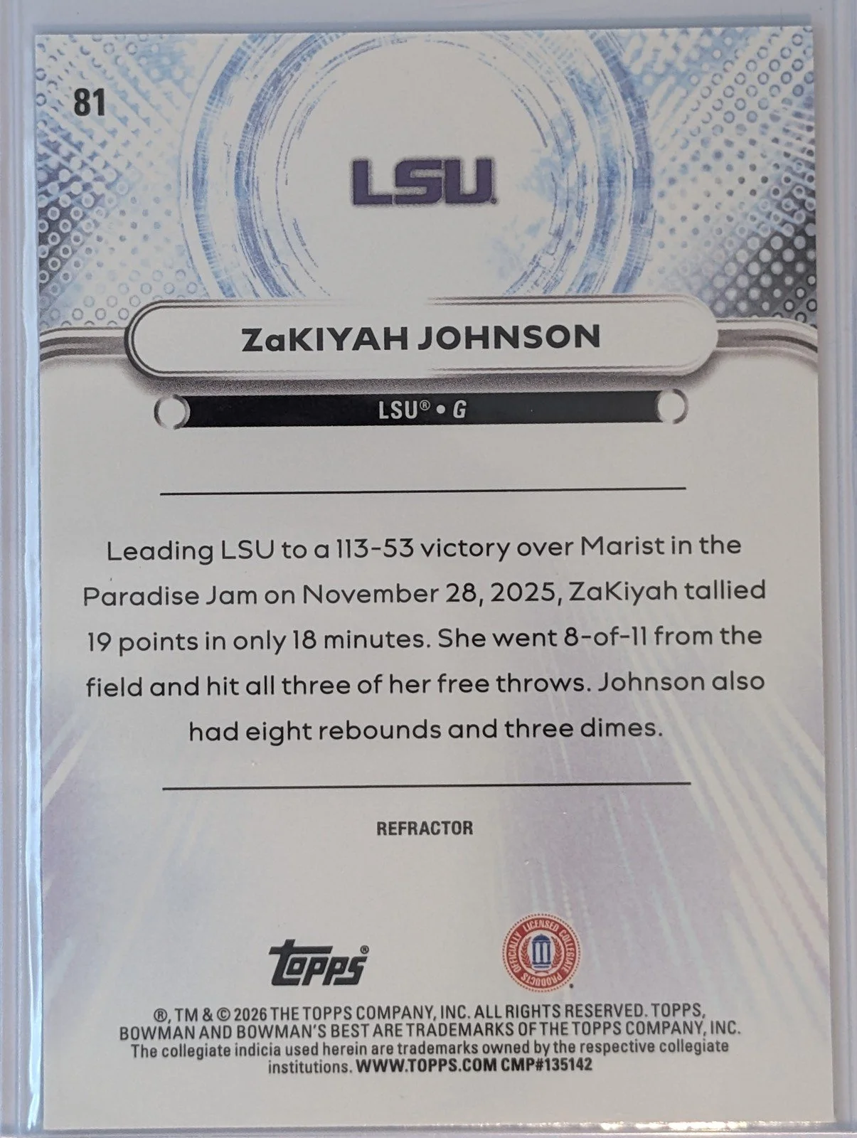 Back of #81 Zakiyah Johnson Bowman Best Refractor