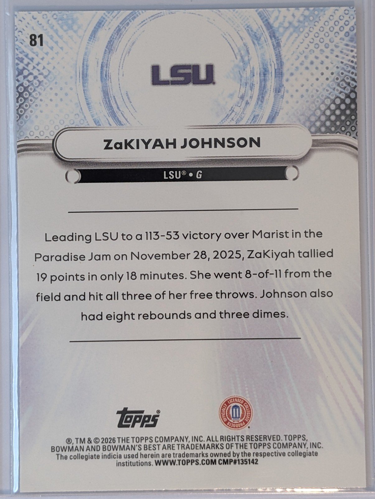 Back of #81 Zakiyah Johnson Bowman U Best
