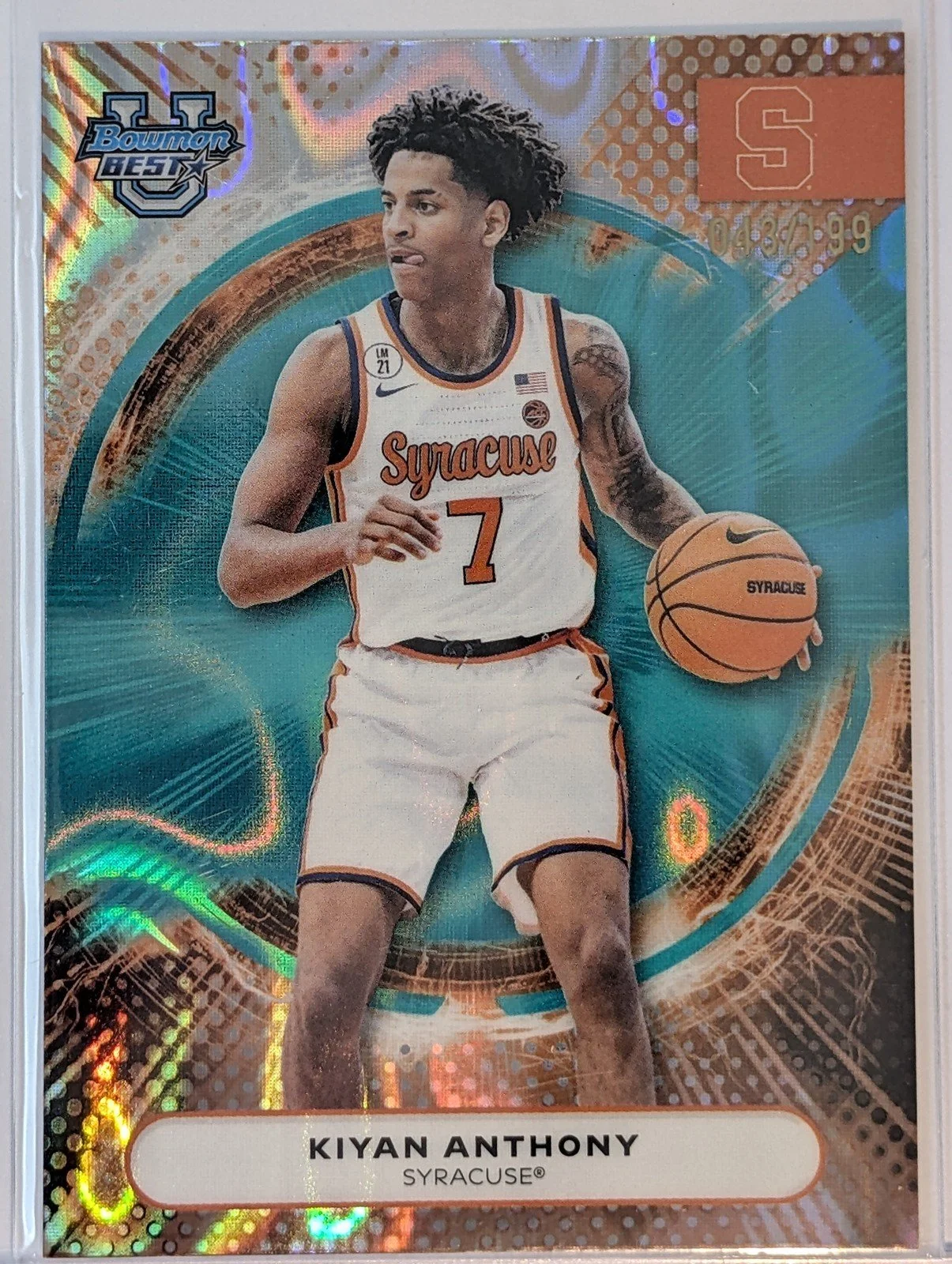Front of 2025-26 Bowman U /199 #12 Kiyan Anthony Aqua Lava Refractor