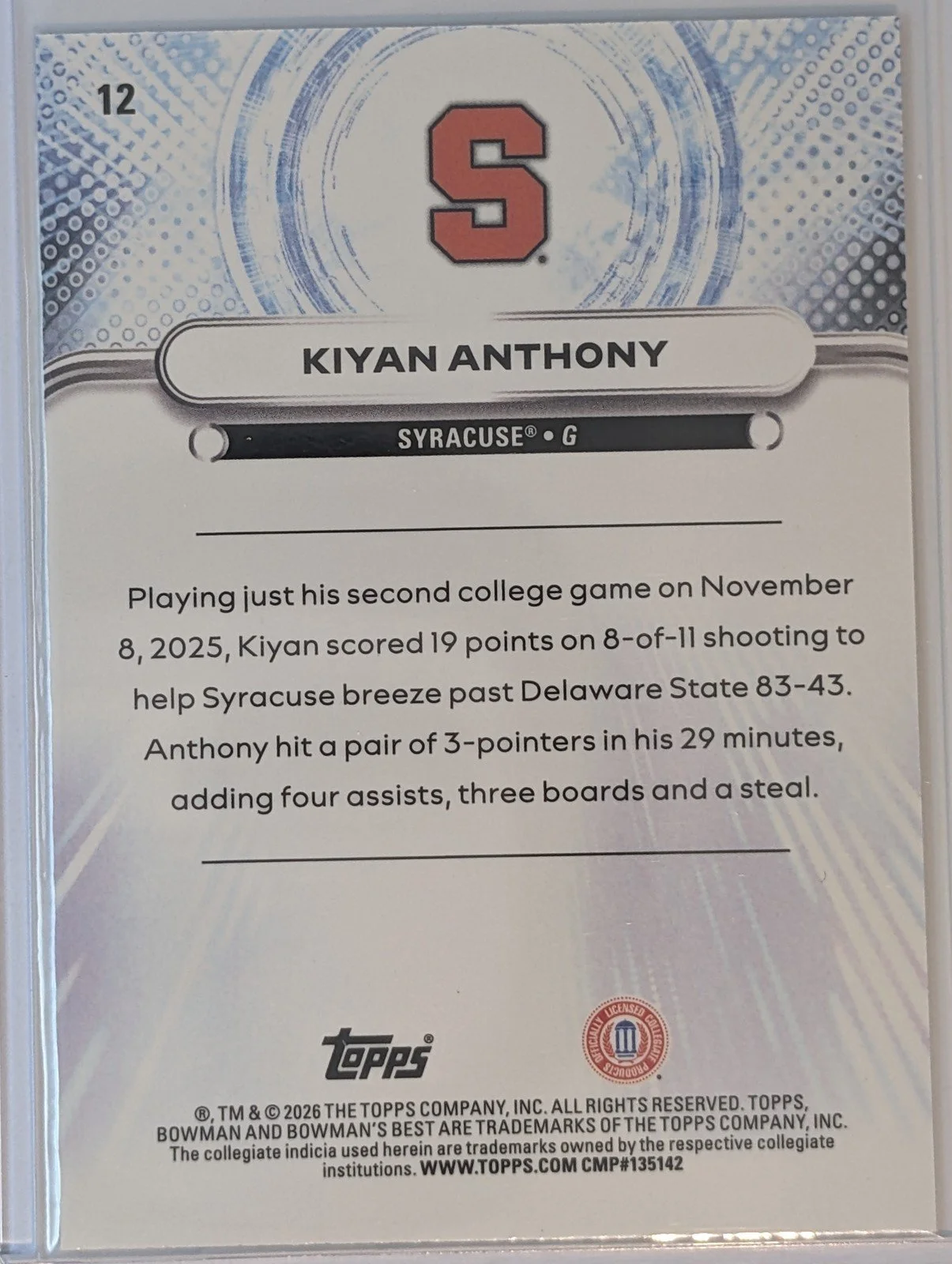 Back of 2025-26 Bowman U /199 #12 Kiyan Anthony Aqua Lava Refractor