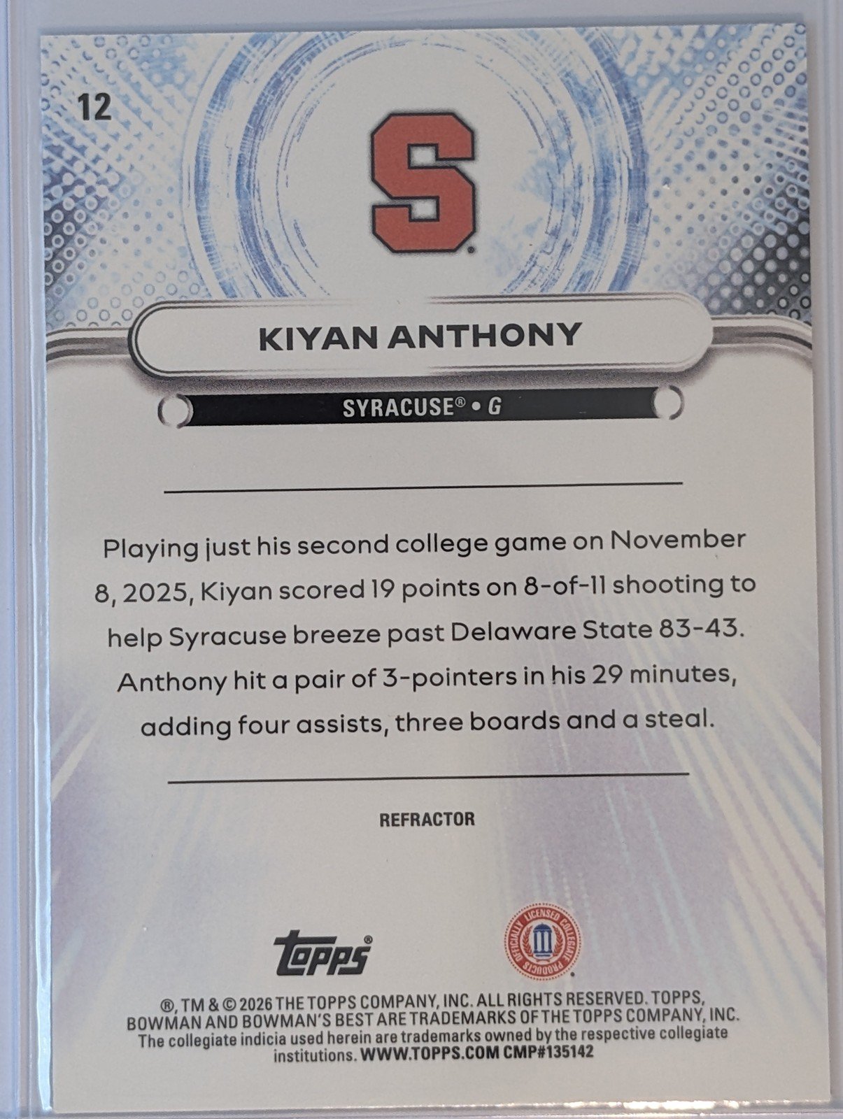 Back of 2025-26 Bowman #12 Kiyan Anthony Refractor
