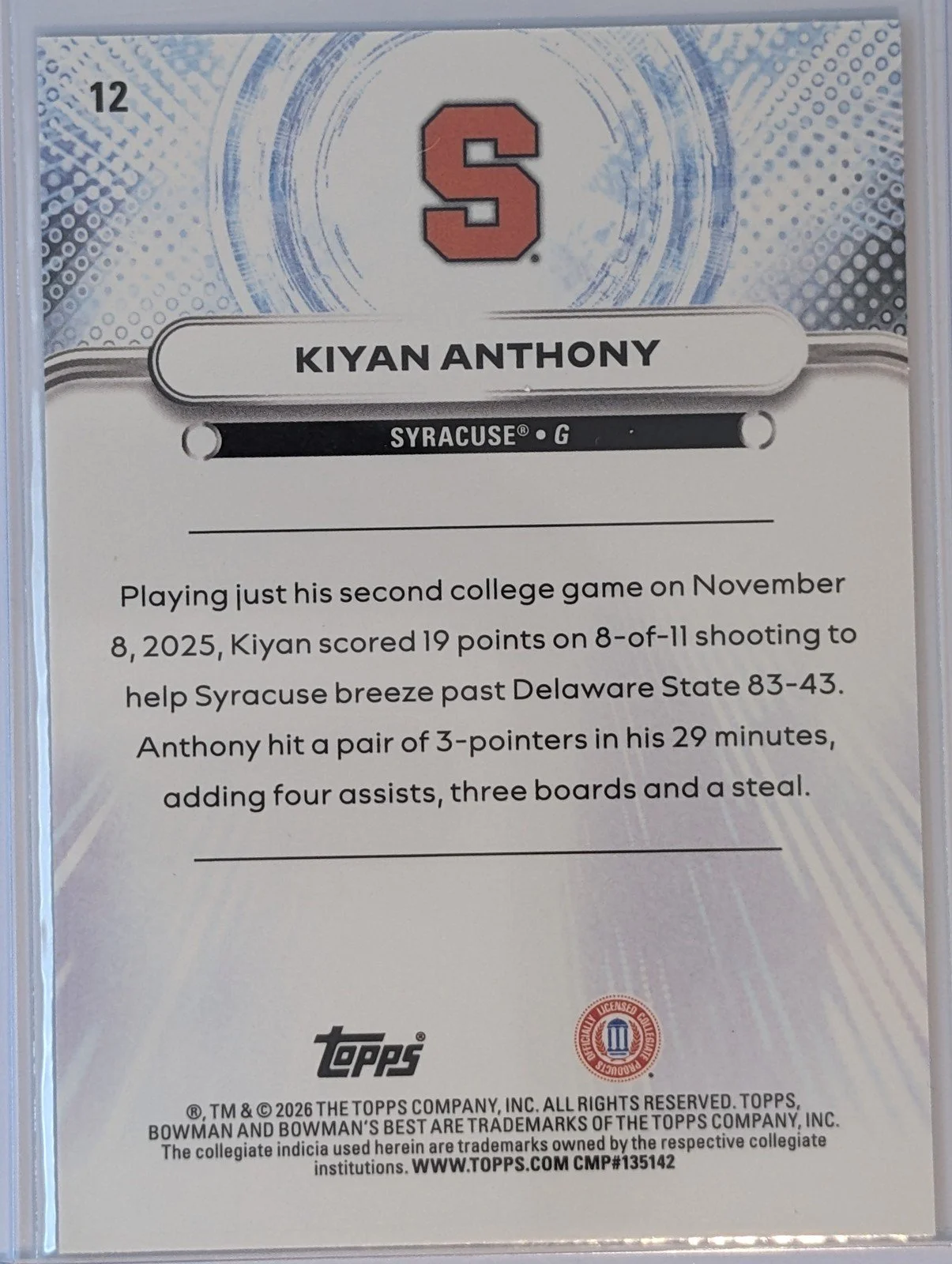 Back of 2025-26 Bowman U Now #12 Kiyan Anthony