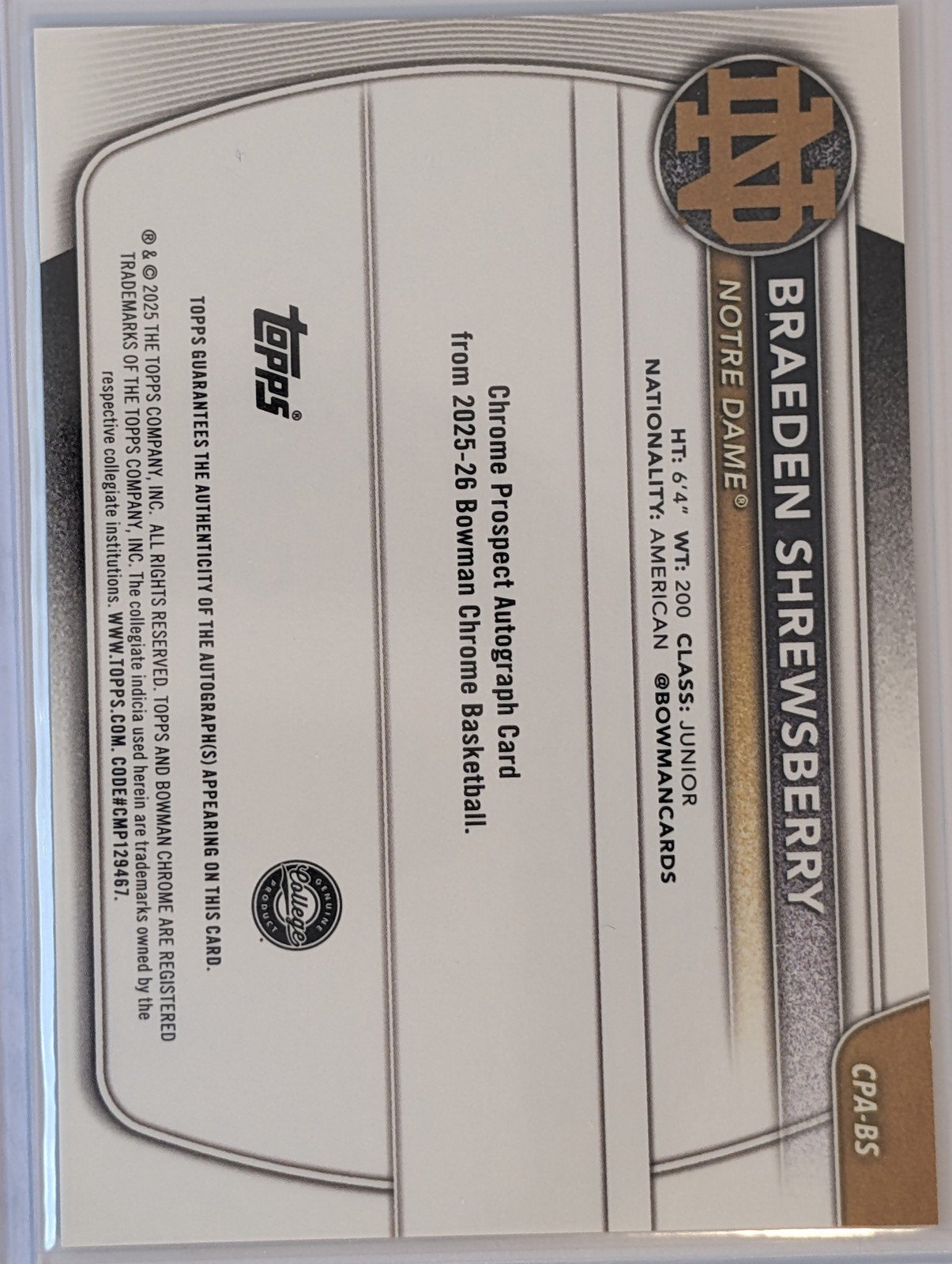 Back of 2025-26 Bowman #CPA-BS Braeden Shrewsberry Autographs Purple Refractor #/250