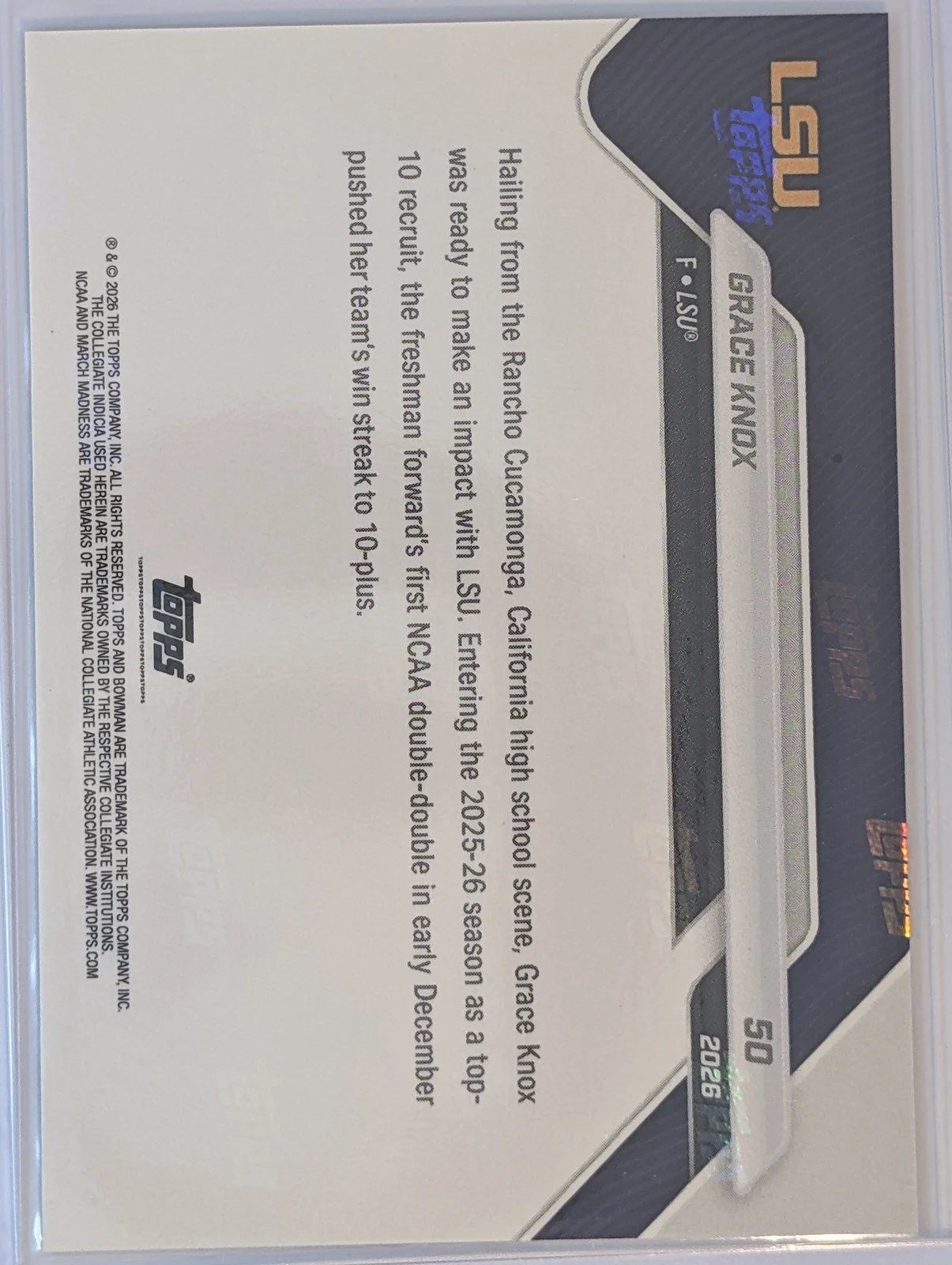 Back of 2025-26 Bowman U Now #50 Grace Knox