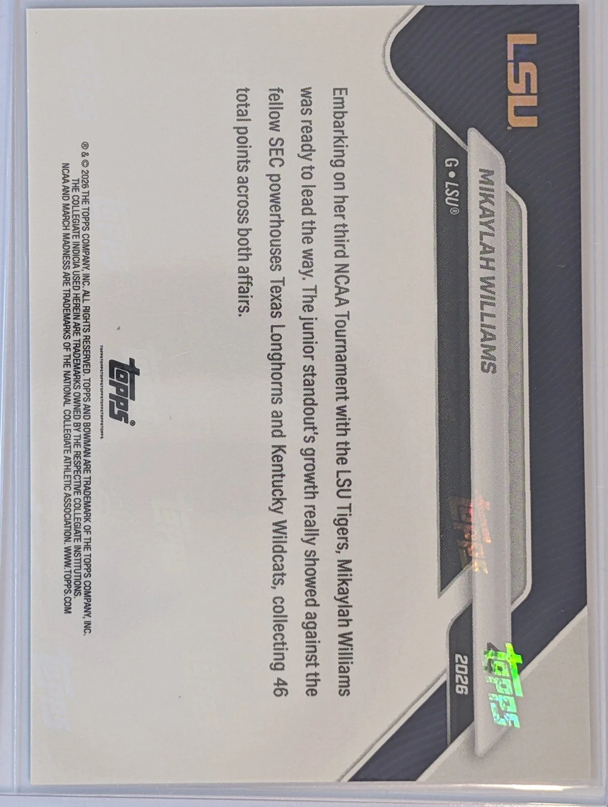 Back of 2025-26 Bowman U Now Mikaylah Williams NCAA March Madness #44