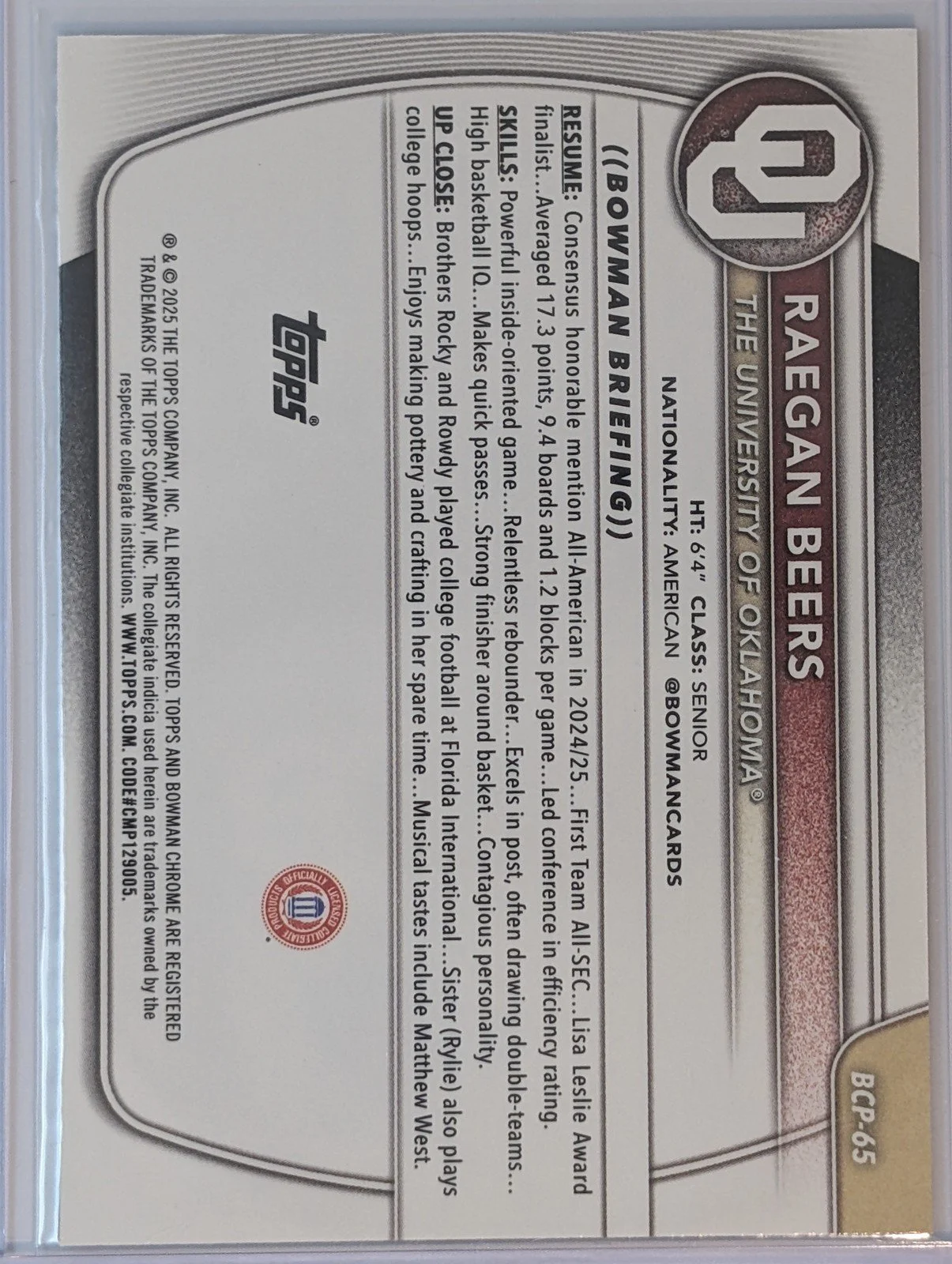 Back of 2025-26 Bowman #BPP-65 Raegan Beers Prospects