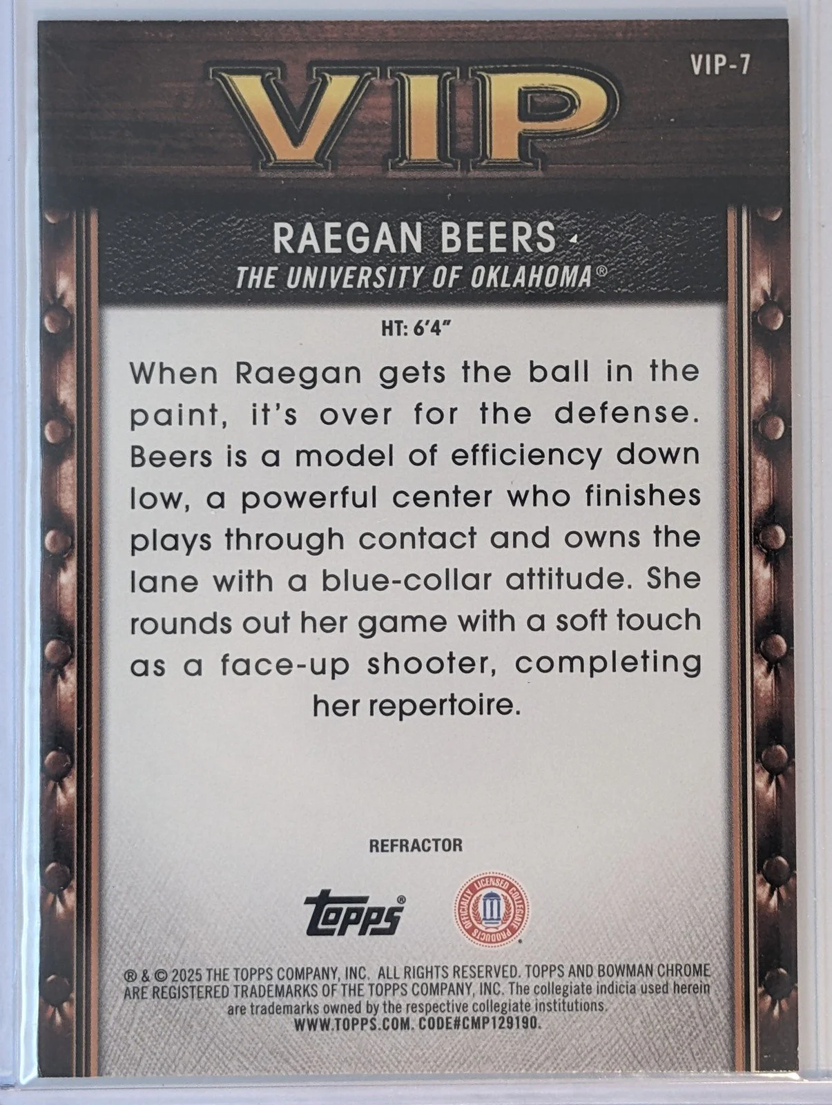 Back of 2025-26 Bowman #VIP-7 Raegan Beers Very Important Prospects Refractors