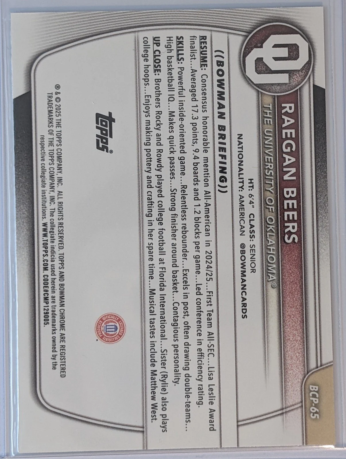 Back of 2025-26 Bowman #BCP-65 Raegan Beers Chrome Prospects Mojo Refractor