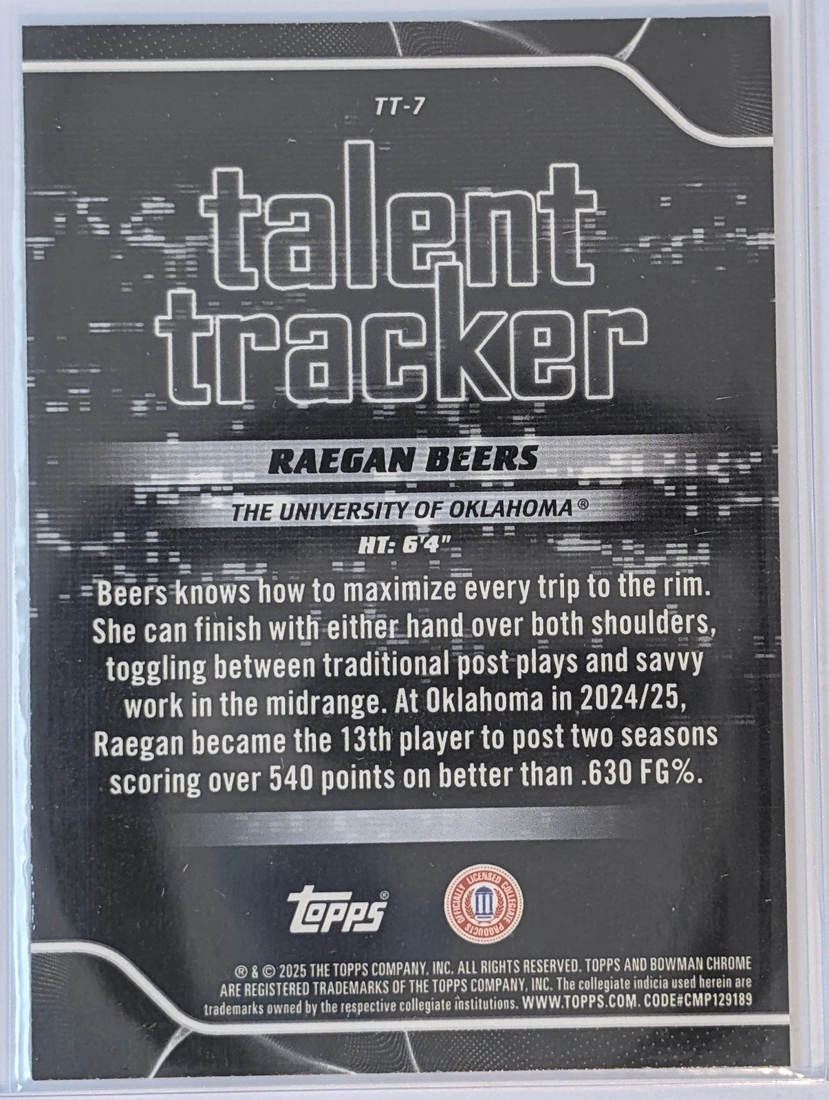 Back of 2025-26 Bowman #TT-7 Raegan Beers Talent Tracker