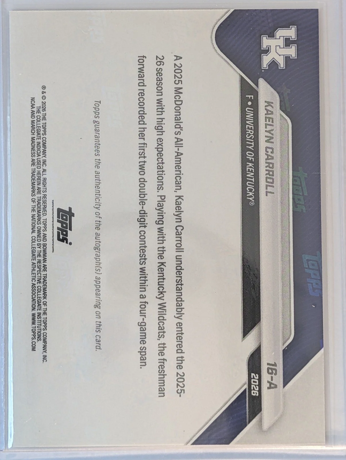 Back of 2026 Bowman March Madness Kaelyn Carroll  Auto /75