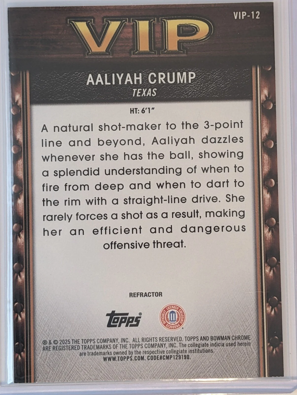 Back of 2025-26 Bowman #VIP-12 Aaliyah Crump Very Important Prospects Refractors