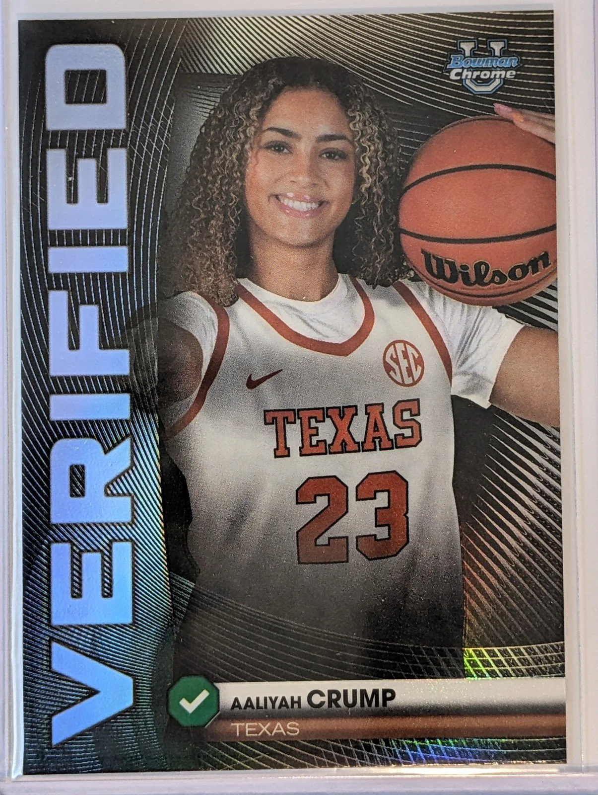 Front of 2025-26 Bowman #BV-12 Aaliyah Crump Bowman Verified Refractor