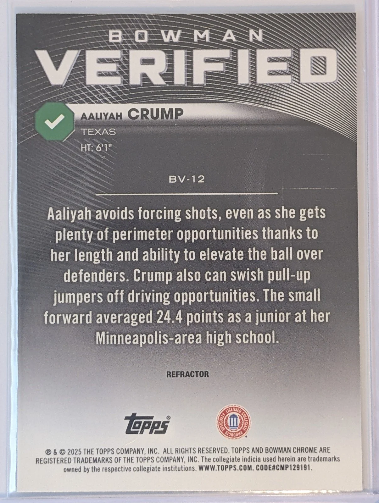 Back of 2025-26 Bowman #BV-12 Aaliyah Crump Bowman Verified Refractor