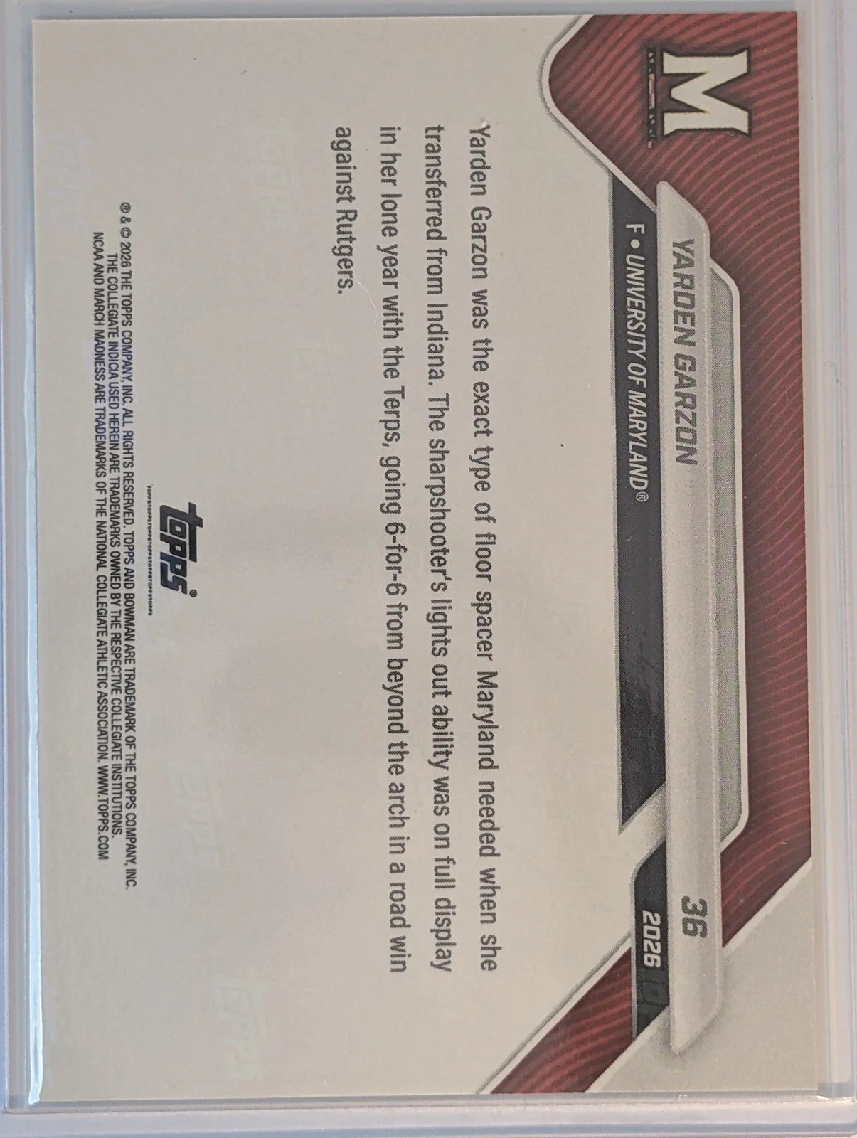Back of 2026 Bowman U Now NCAA March Madness /99 #36 Yarden Garzon