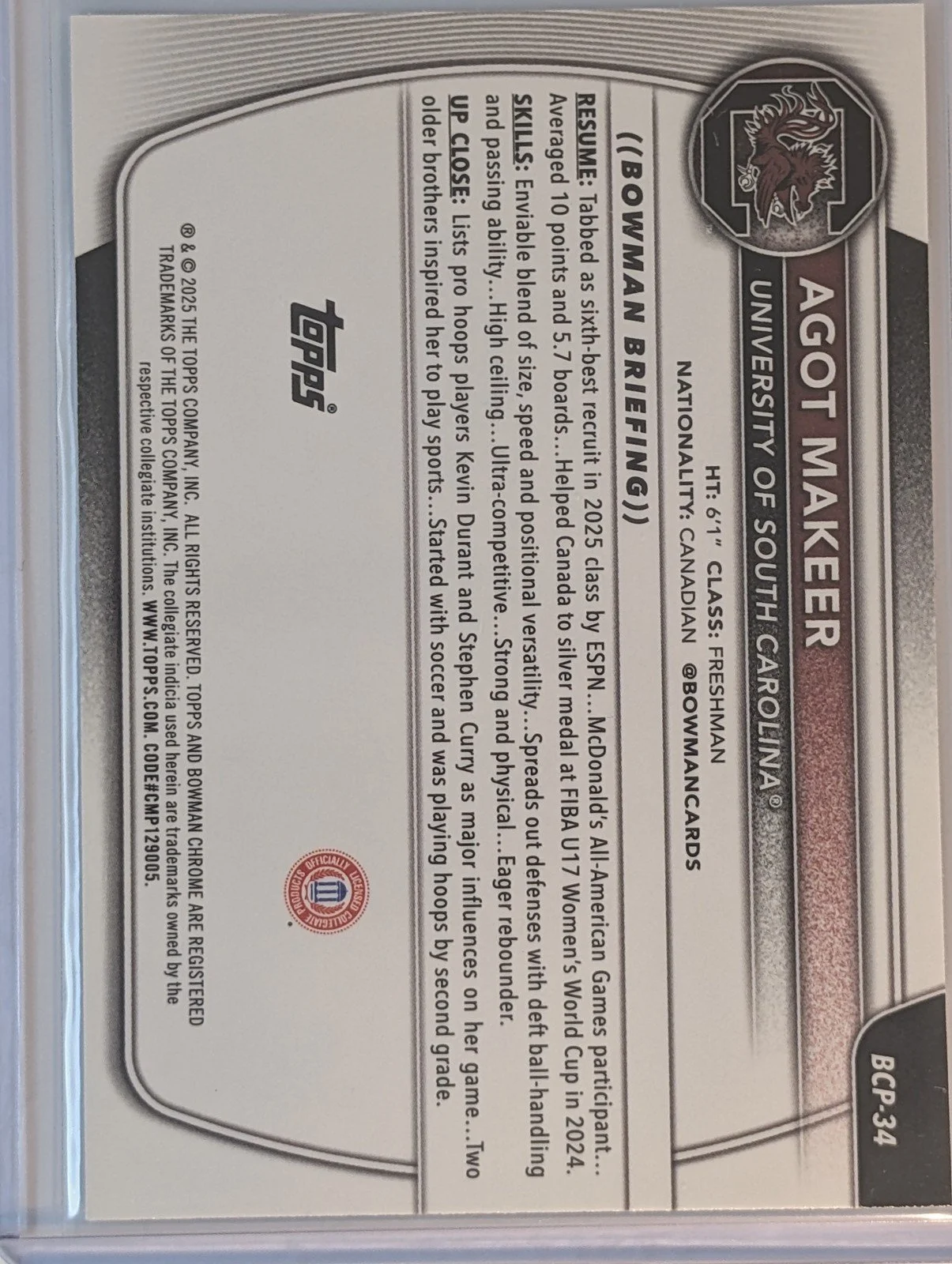 Back of 2025-26 Bowman #BPP-34 Agot Makeer Prospects