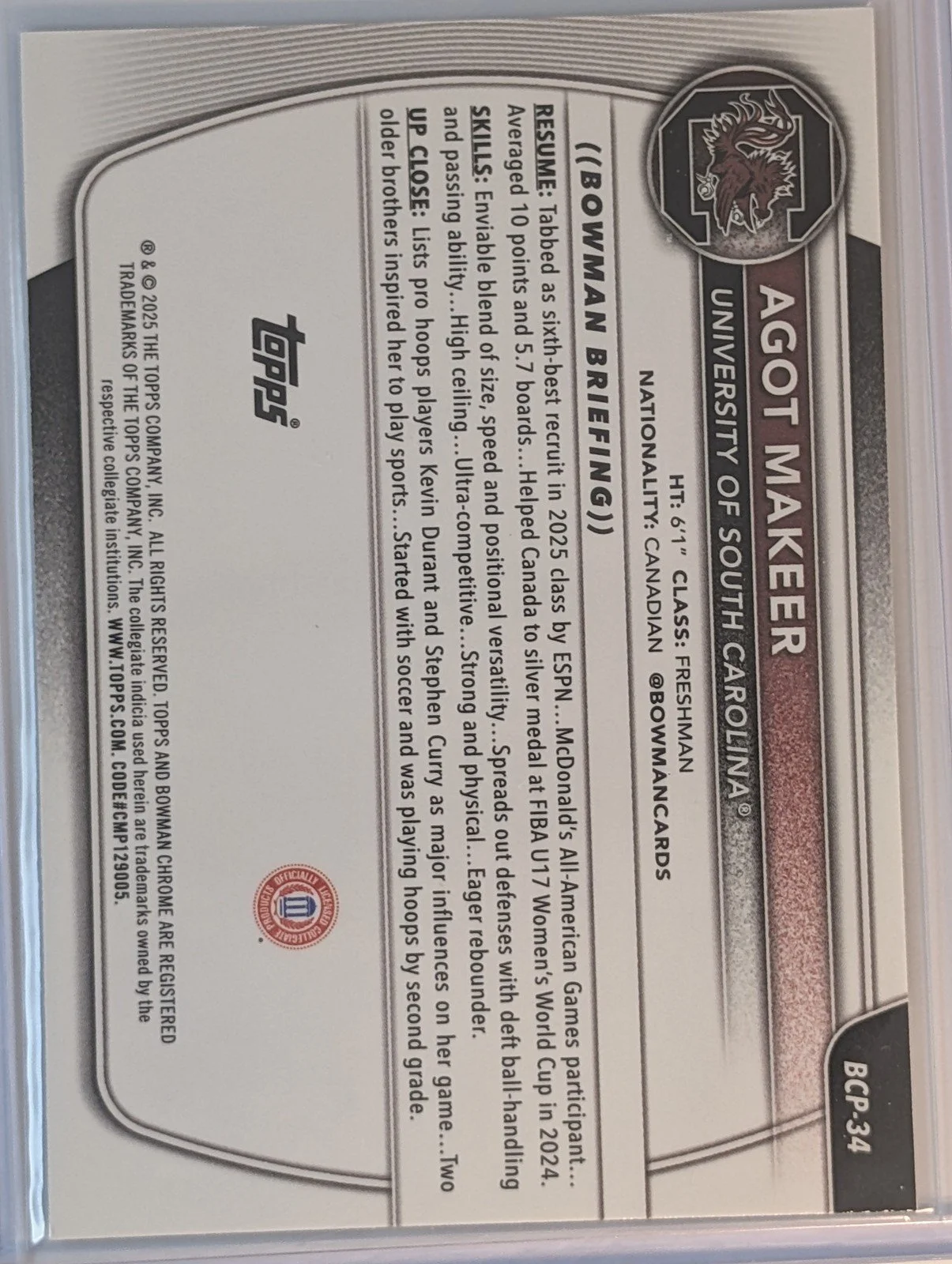 Back of 2025-26 Bowman #BCP-34 Agot Makeer Chrome Prospects Reptilian Refractor