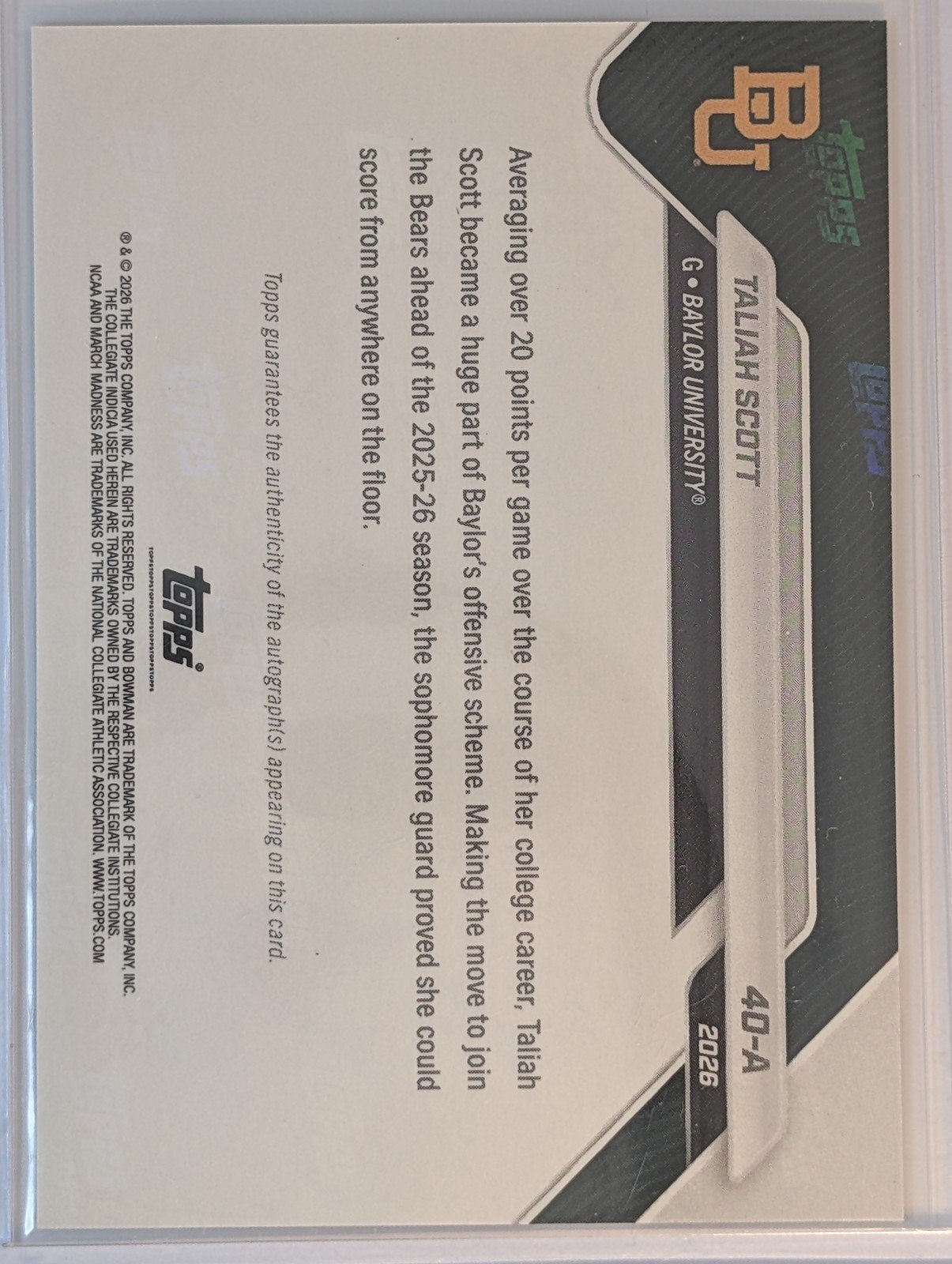 Back of 2026 Bowman U Now NCAA March Madness #40 Taliah Scott Auto /75