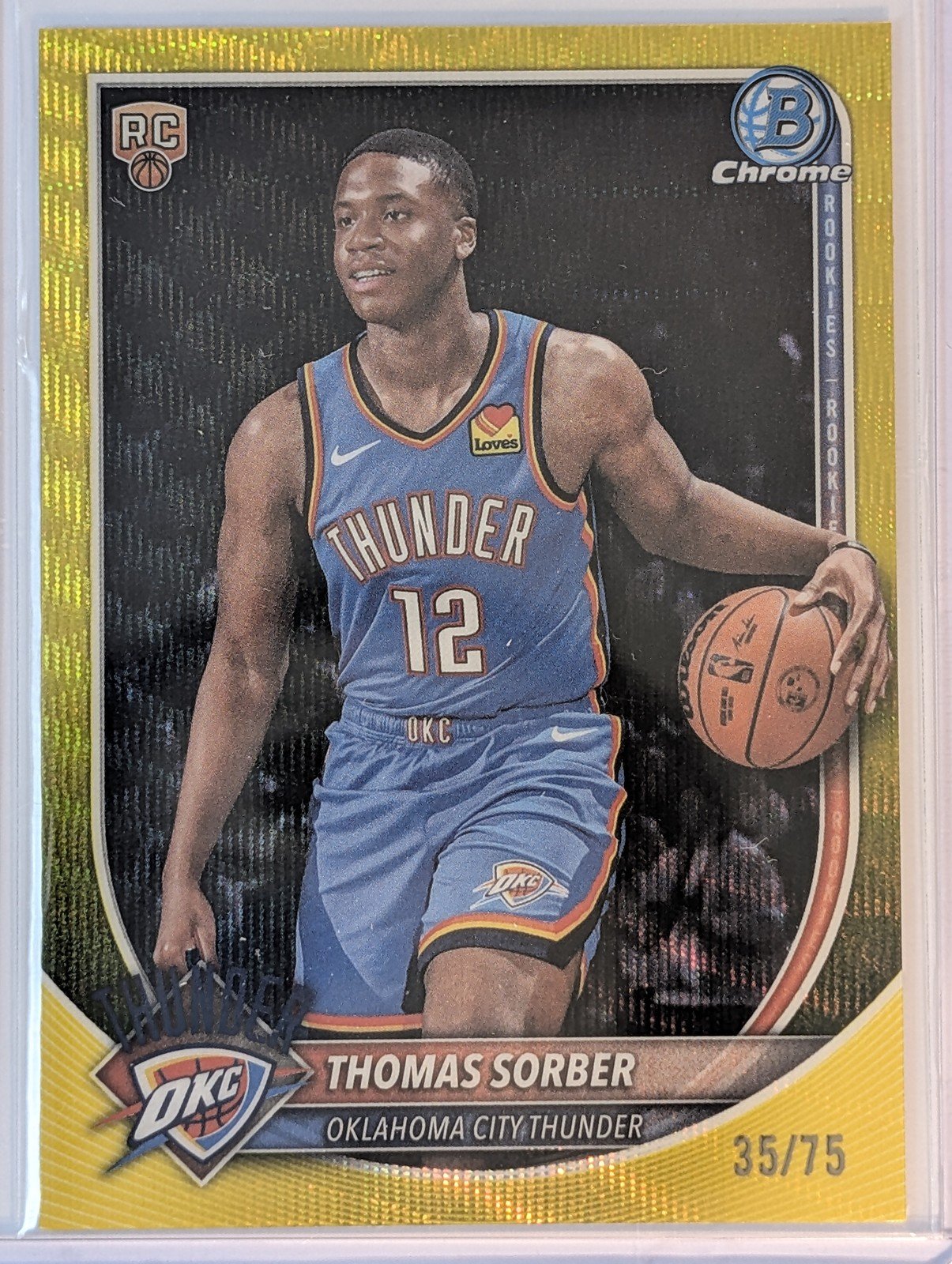 Front of 2025-26 Bowman /75 #15 Thomas Sorber Yellow Border