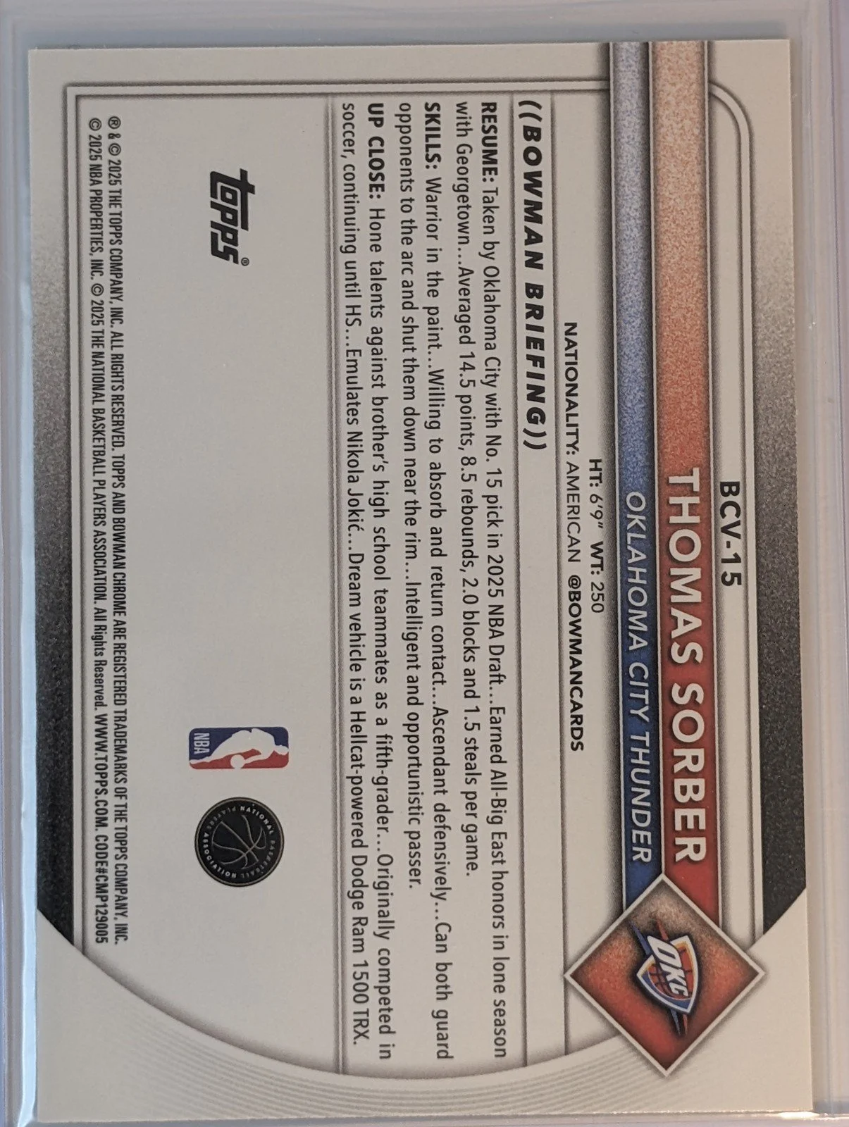 Back of 2025-26 Bowman /75 #15 Thomas Sorber Yellow Border