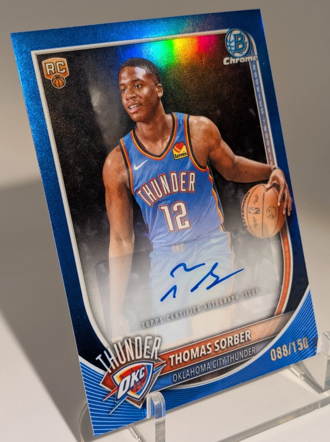 Front of 2025-26 Bowman #BCA-TS Thomas Sorber Chrome Autographs Blue Refractor #/150