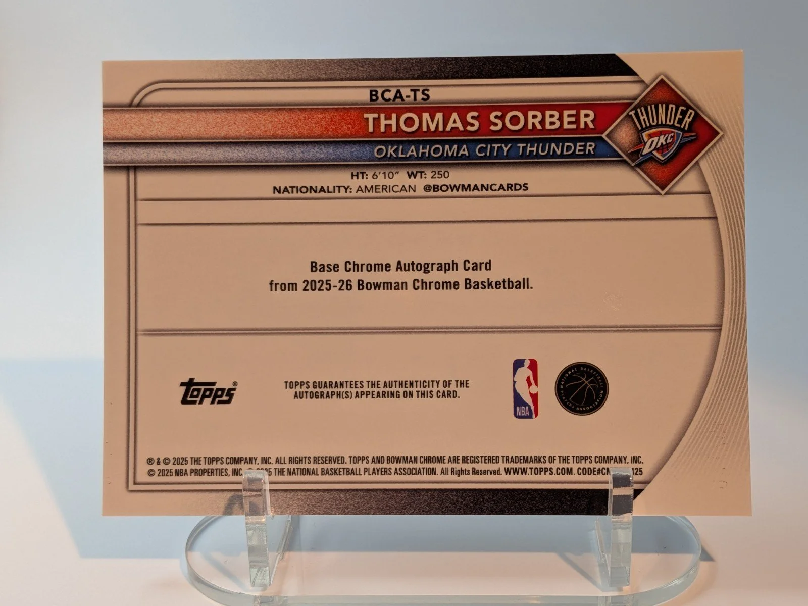 2025-26 Bowman #BCA-TS Thomas Sorber Chrome Autographs Blue Refractor #/150 - photo 5