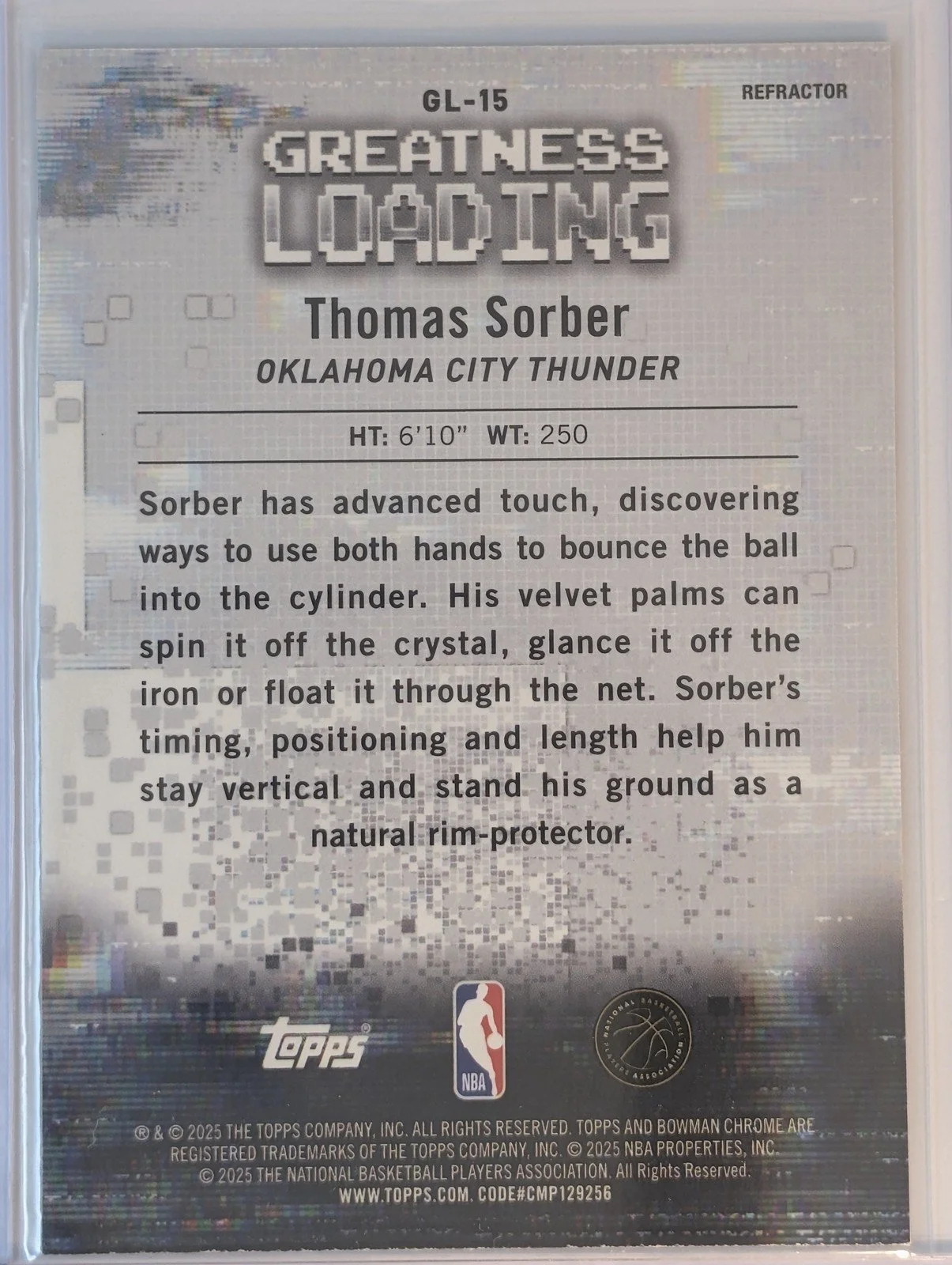 Back of 2025-26 Bowman Refractor #GL-15 Thomas Sorber Greatness Loading