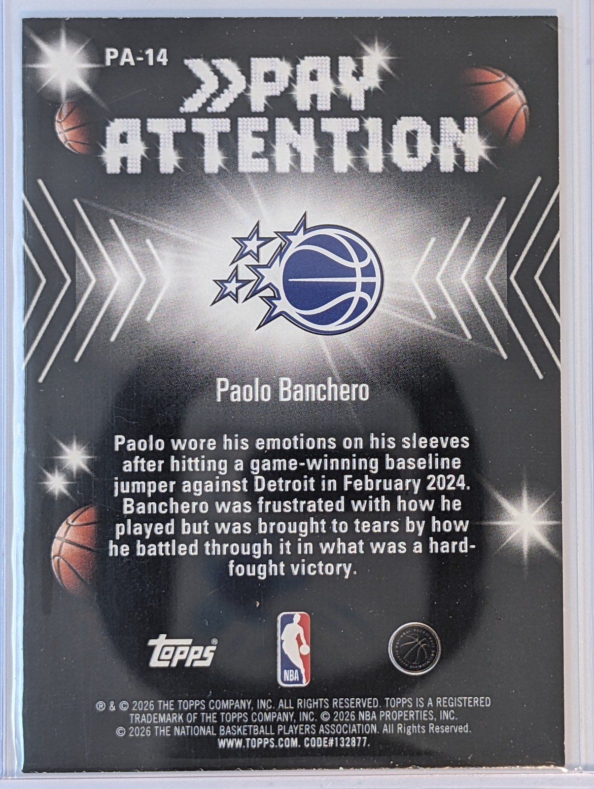 Back of 2025-26 Hoops #PA-14 Paolo Banchero Pay Attention