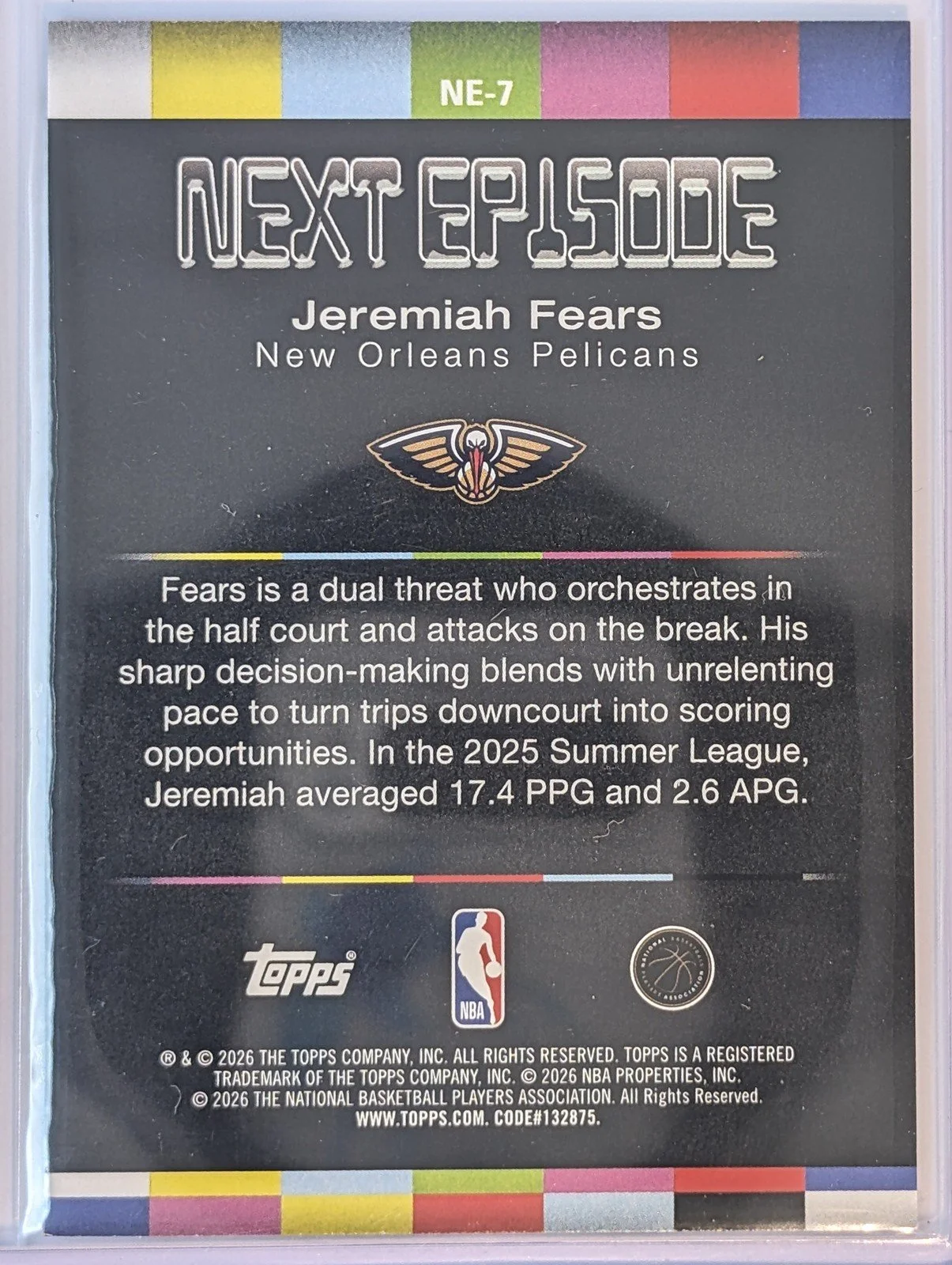 Back of 2025-26 Hoops #NE-7 Jeremiah Fears Next Episode RC