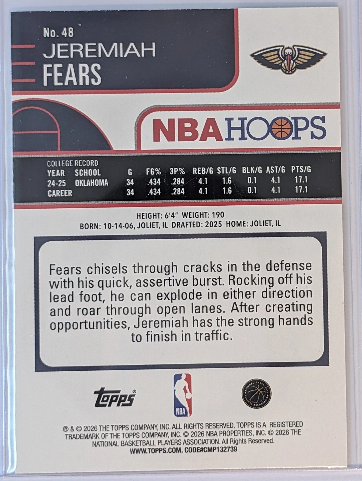 Back of 2025-26 Hoops #48 Jeremiah Fears RC