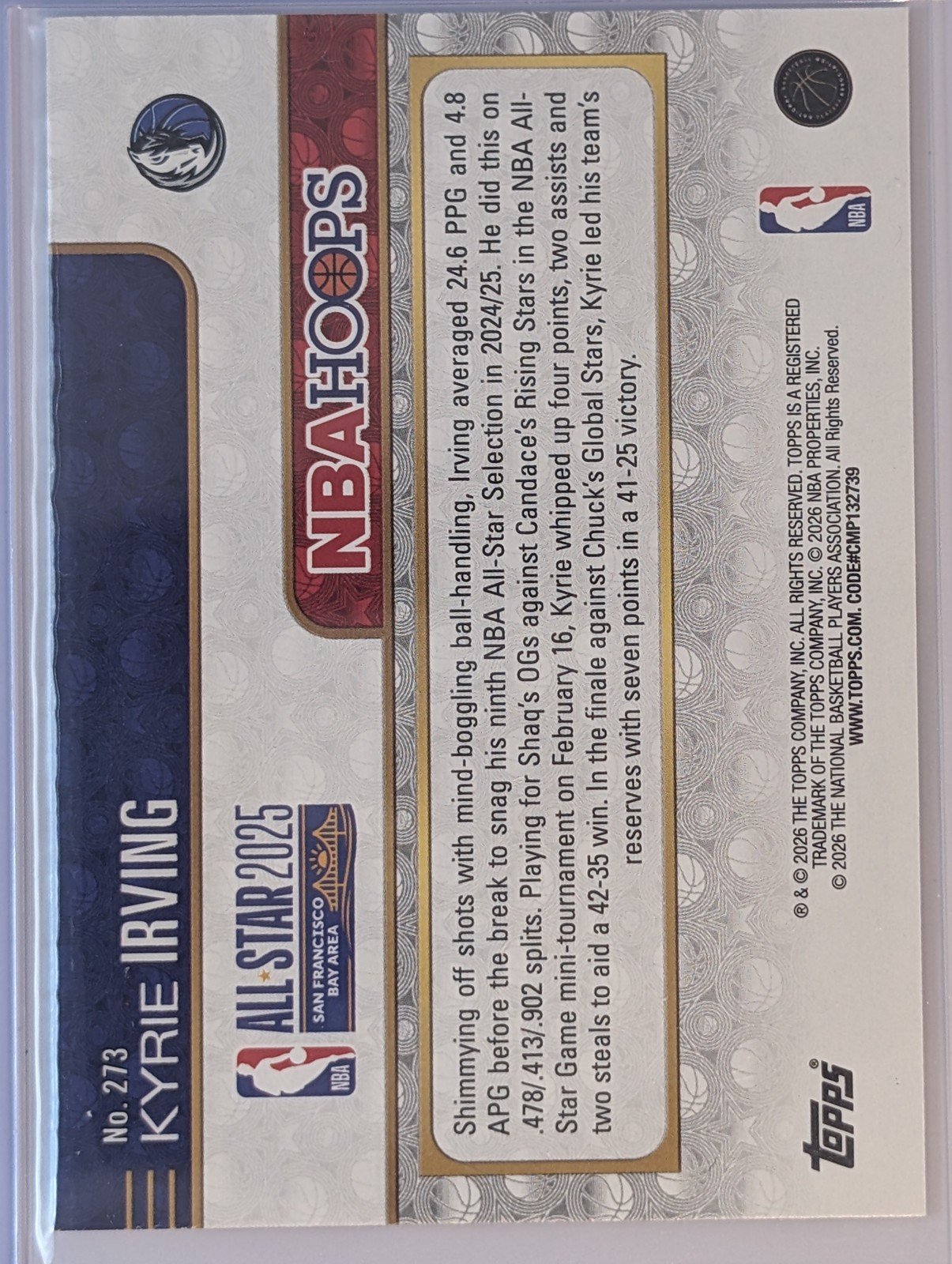 Back of 2025-26 Topps NBA Hoops /149 #273 Kyrie Irving Blue Pixel Burst