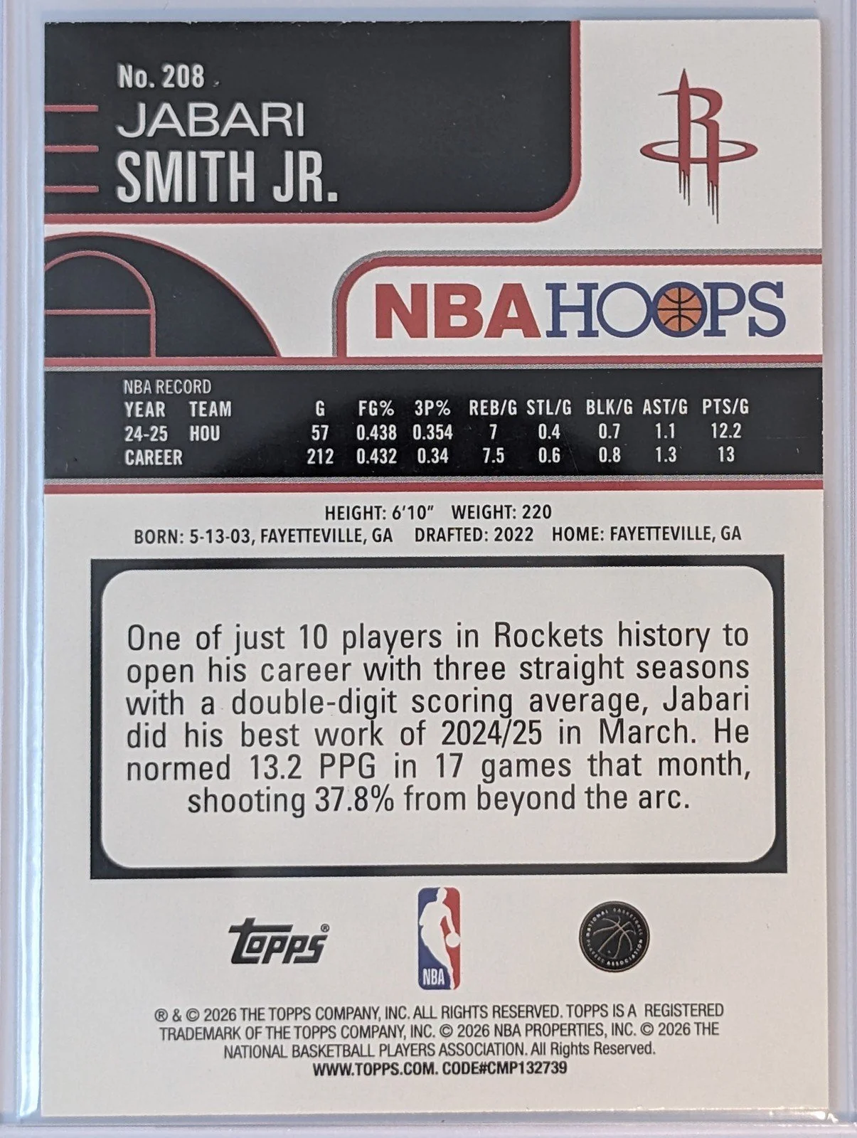 Back of 2025-26 Hoops #208 Jabari Smith Jr. Rainbow