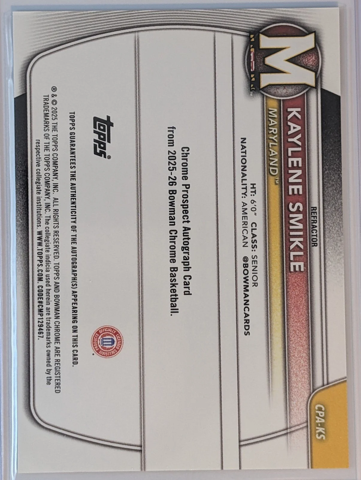 Back of 2025-26 Bowman #CPA-KS Kaylene Smikle Chrome Prospect Autographs Refractor #/499