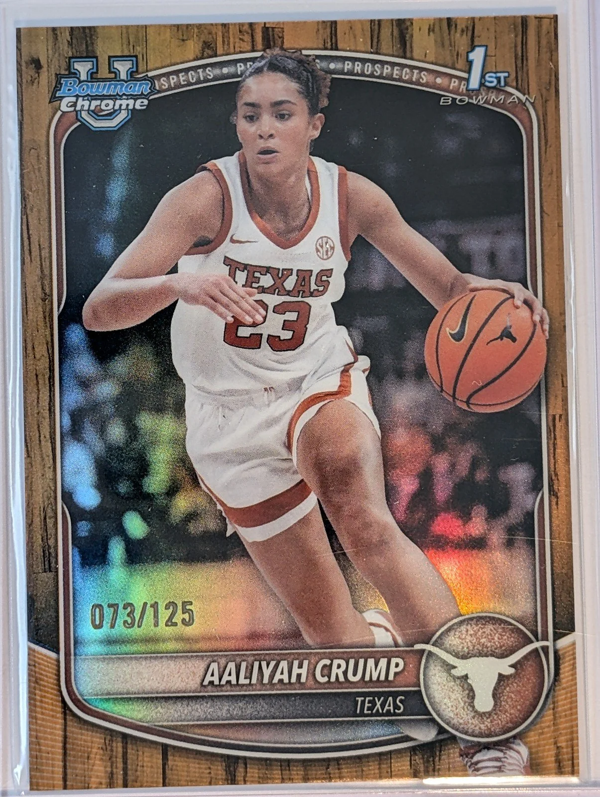 Front of 2025-26 Bowman #BCP-33 Aaliyah Crump Chrome Prospects Floorboard Refractor #/125