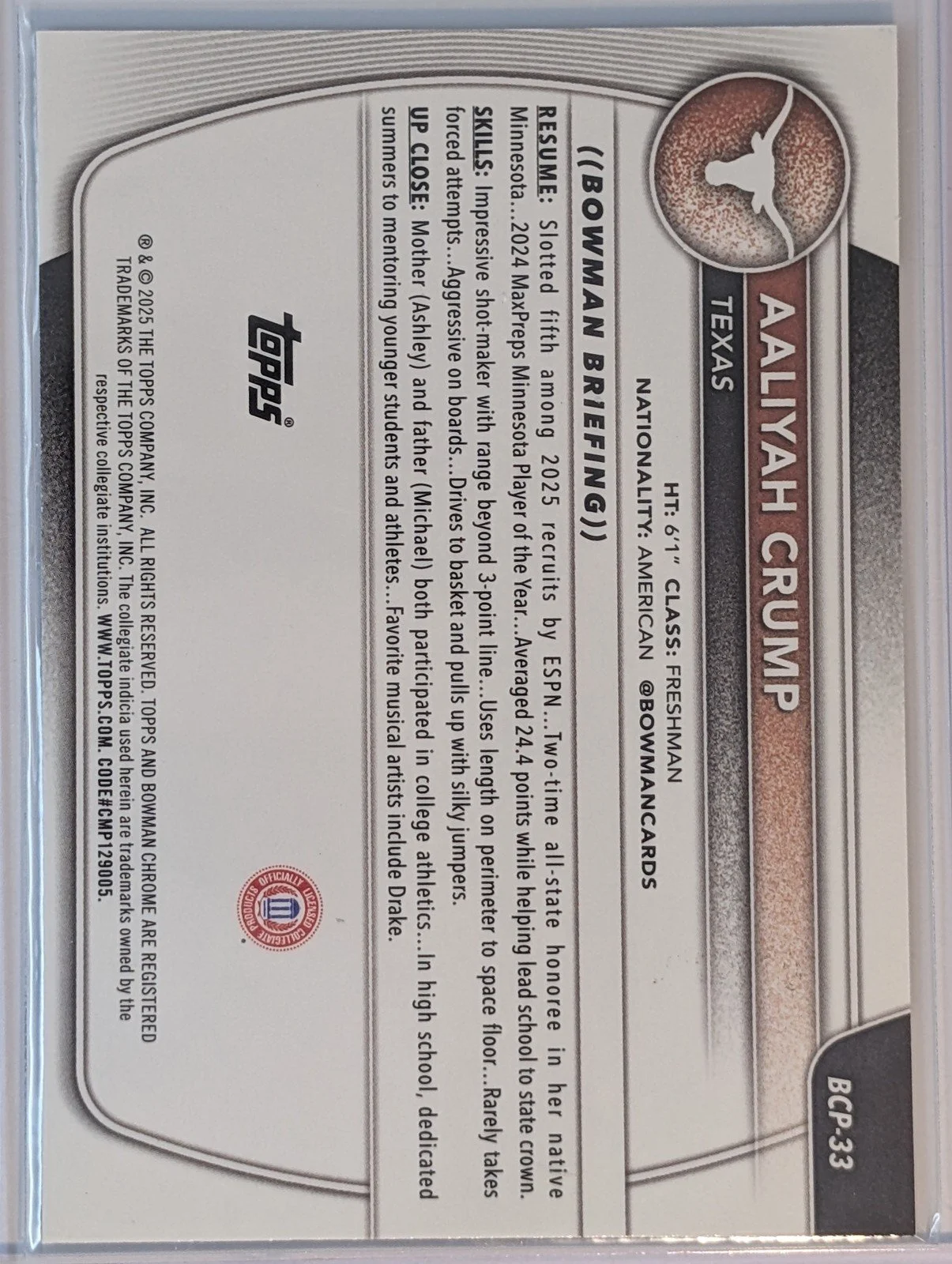 Back of 2025-26 Bowman #BCP-33 Aaliyah Crump Chrome Prospects Floorboard Refractor #/125
