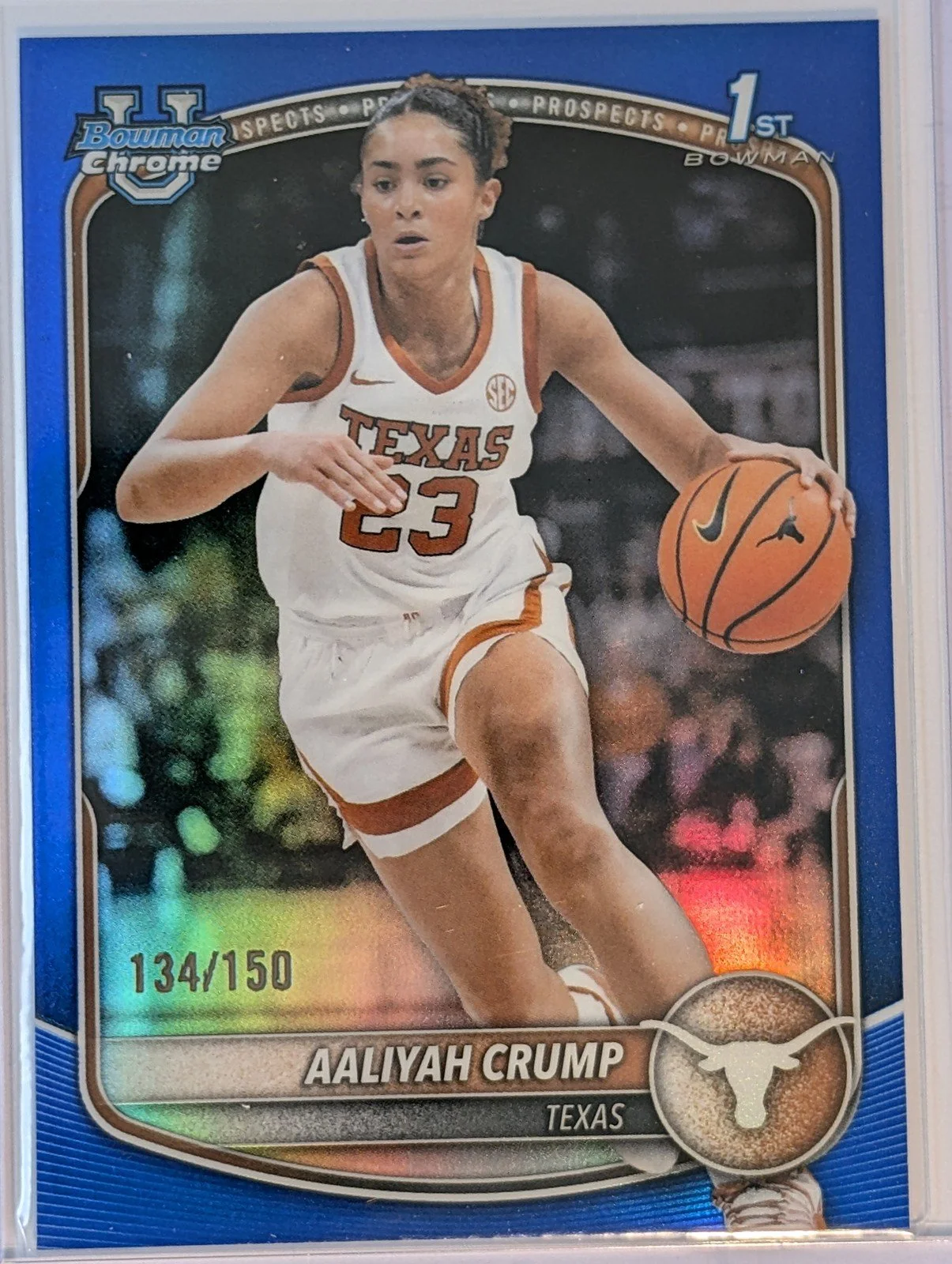 Front of 2025-26 Bowman #BCP-33 Aaliyah Crump Chrome Prospects Blue Refractor #/150