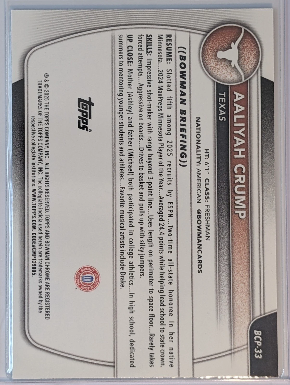 Back of 2025-26 Bowman #BCP-33 Aaliyah Crump Chrome Prospects Blue Refractor #/150