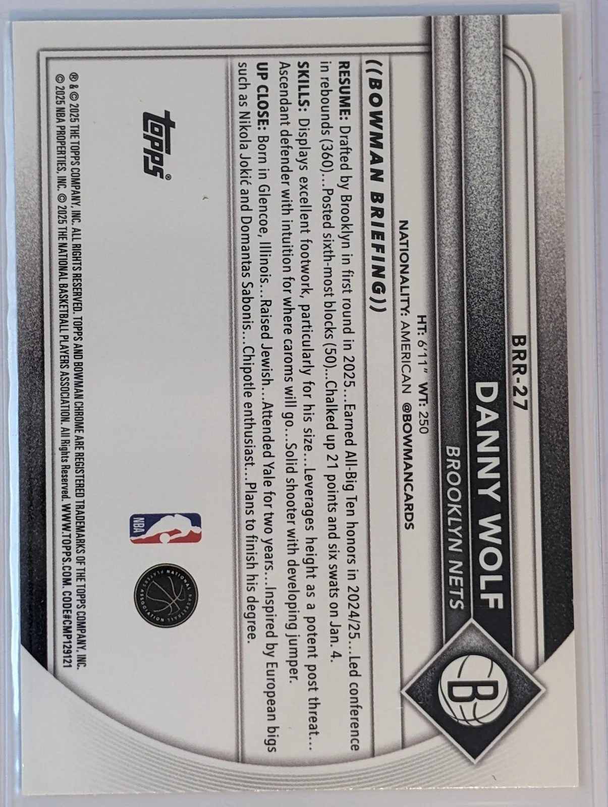 Back of 2025-26 Bowman #BRR-27 Danny Wolf Refractor