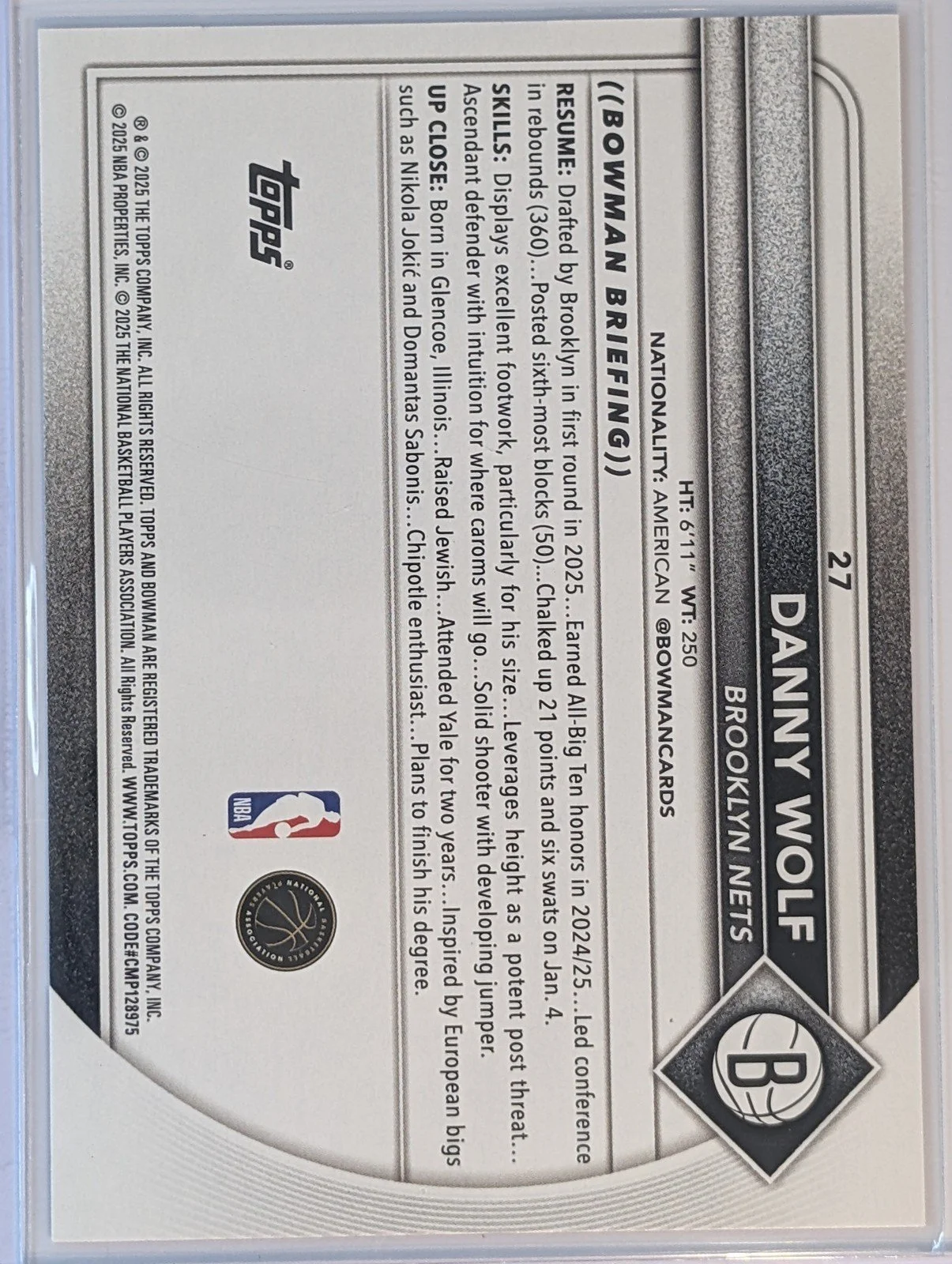 Back of 2025-26 Bowman #27 Danny Wolf Pink Border #/175