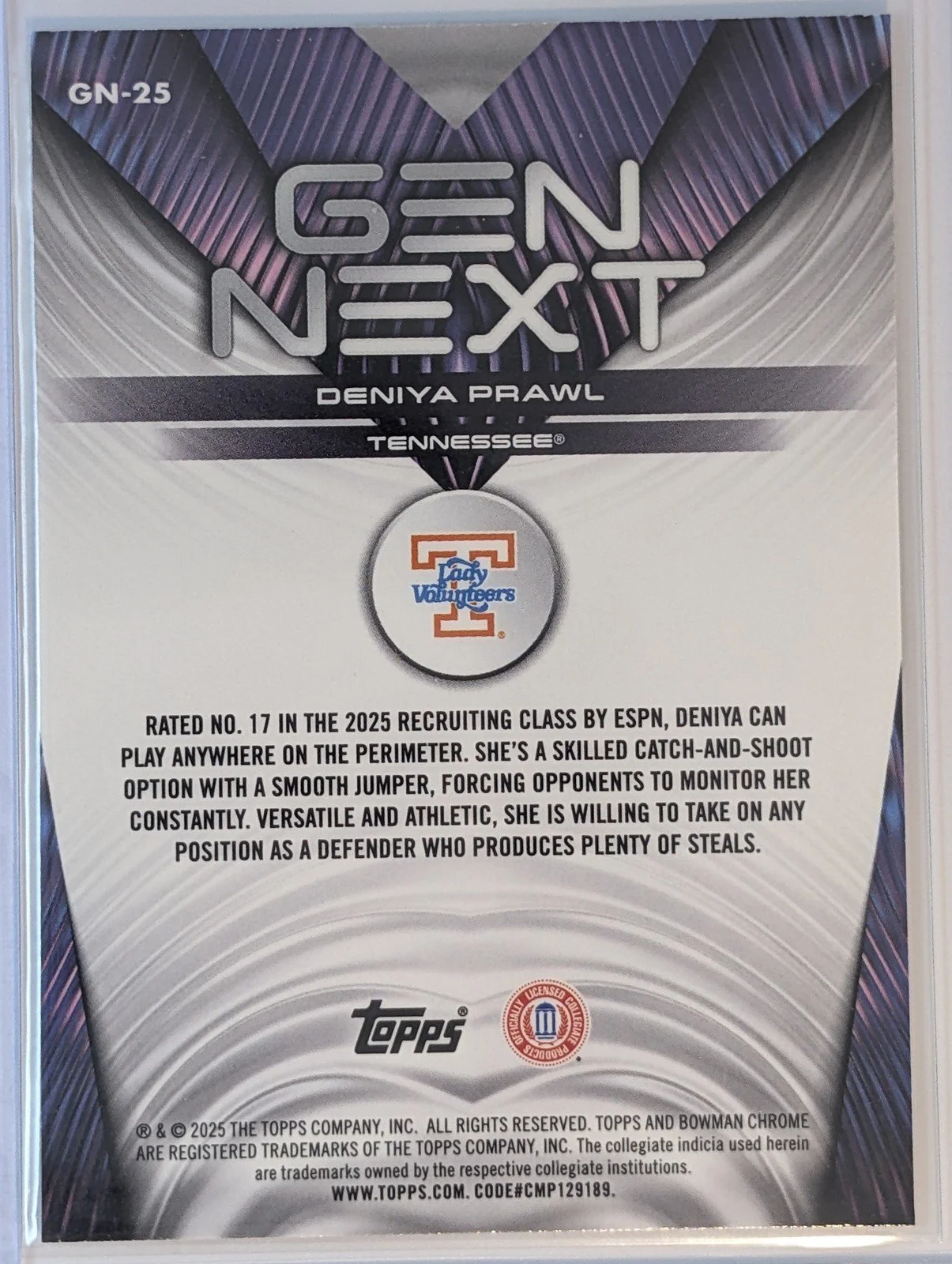 Back of 2025-26 Bowman #GN-25 Deniya Prawl Gen Next