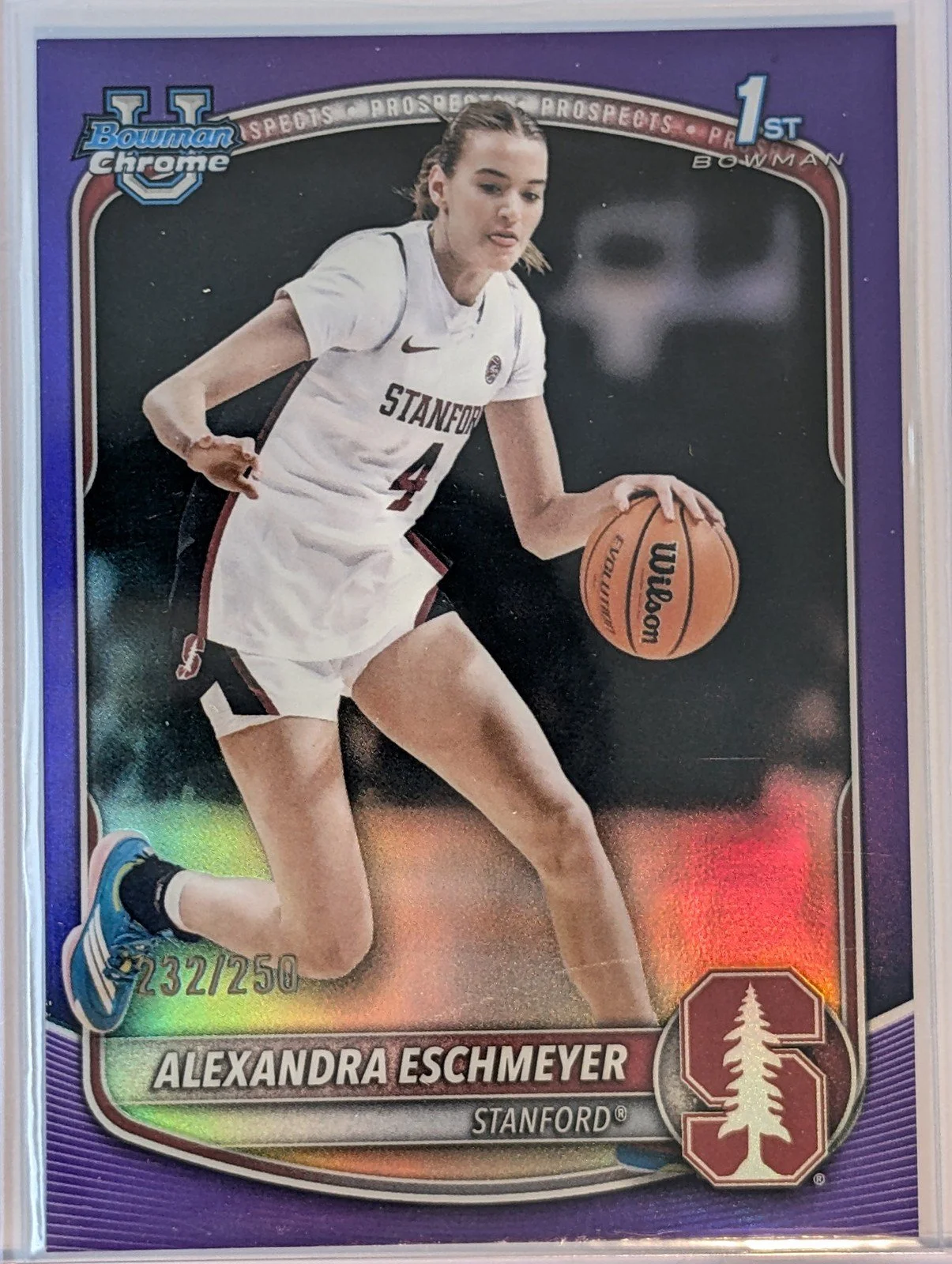 Front of 2025-26 Bowman /250 #BCP-75 Alexandra Eschmeyer Chrome Purple Refractor