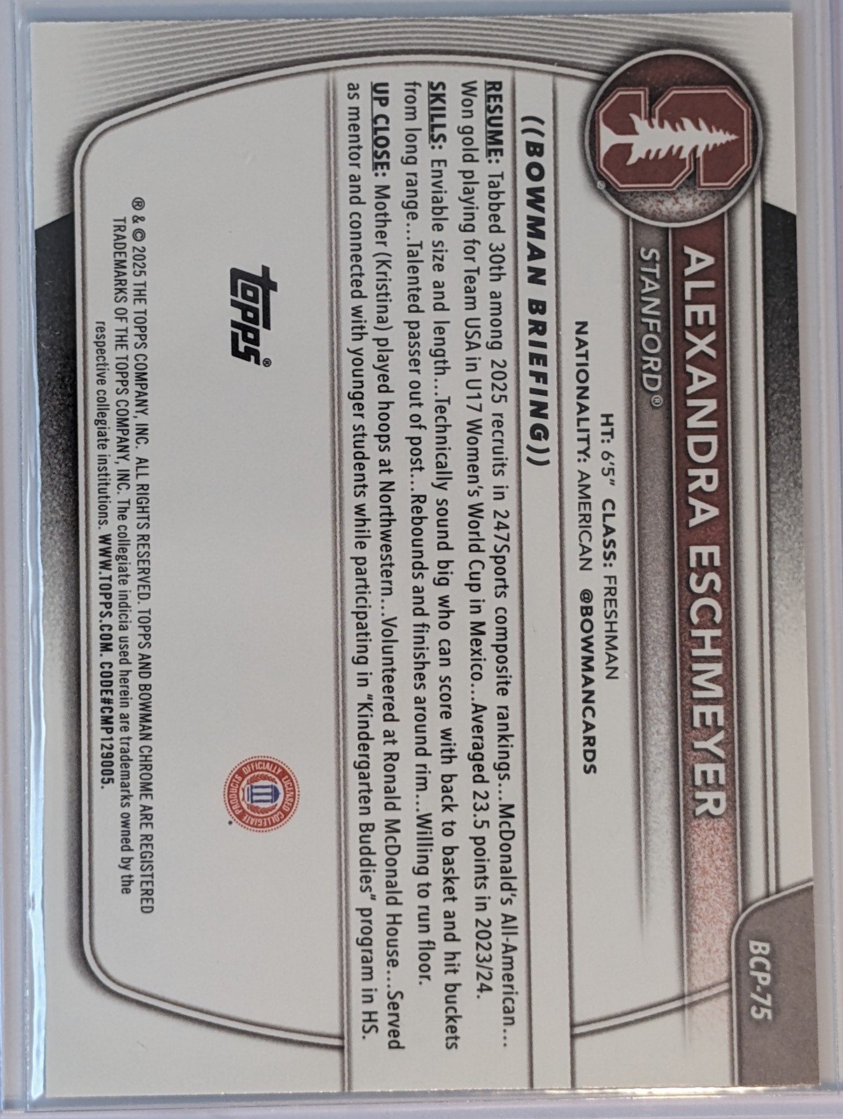 Back of 2025-26 Bowman /250 #BCP-75 Alexandra Eschmeyer Chrome Purple Refractor